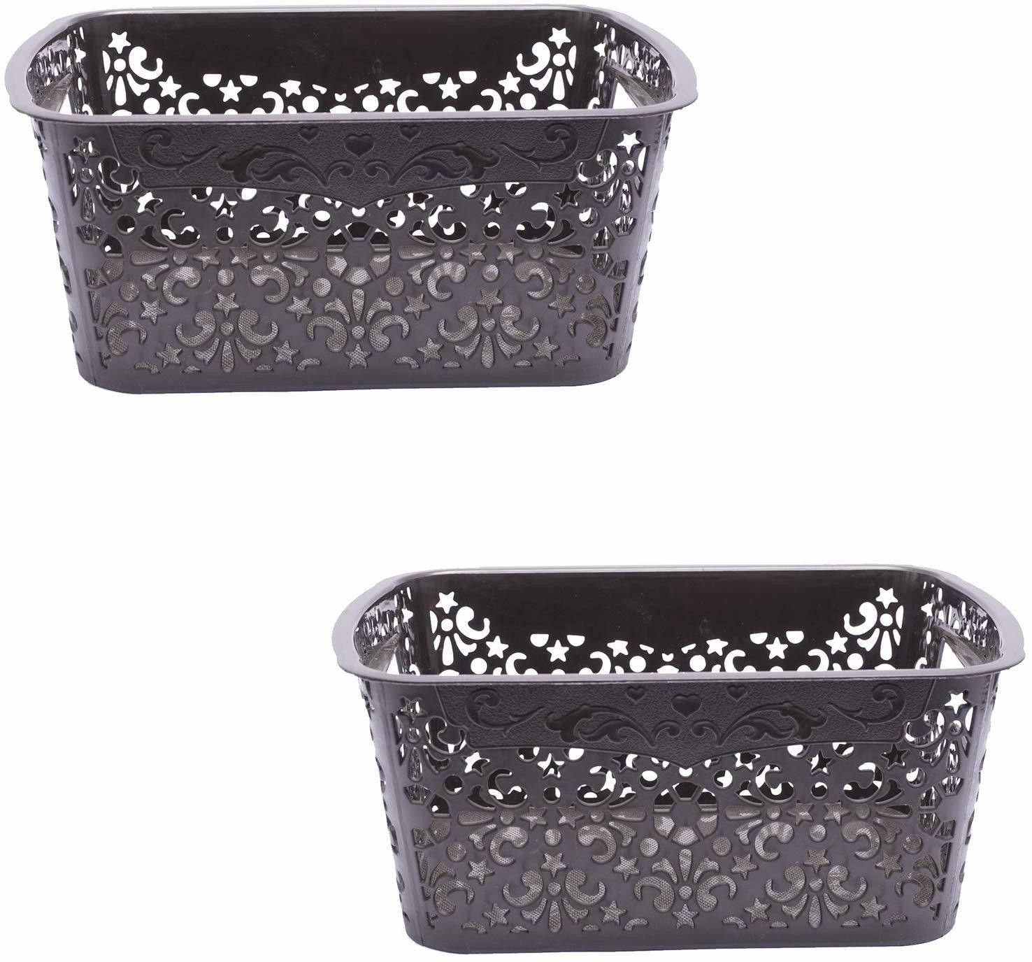 cutting edge Plastic (Pack Of 2, Small) (Brown) (24 CM x 13.5 CM x 10 CM) Turkish Basket For Closet | Wardrobe | Kitchen | Office | Pen | Pencil | Colours | Utility | Cosmetics | Accessories Without Lid Storage Basket Storage Basket-picture-2