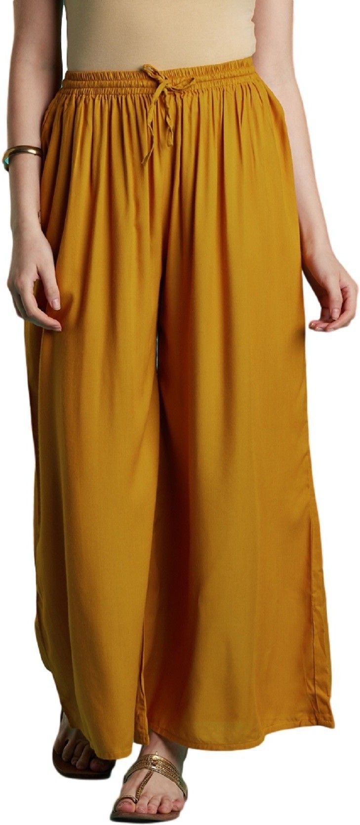 Women Flared Yellow Cotton Blend Trousers-image-32