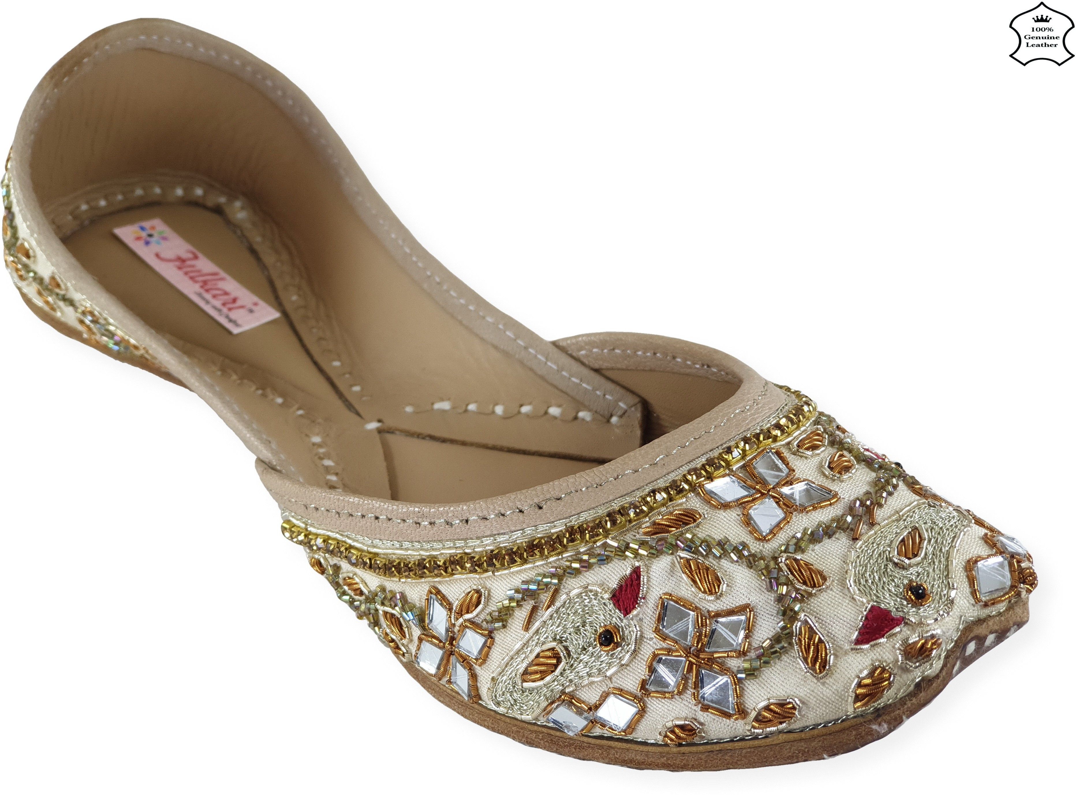 Women's Spring Beige Gold Soft Leather Jutis| Bite and Pinch Free Jutis | Phulkari Punjabi Jutti For Ladies | Wedding Flat Stylish Mojari Juti | Bridal Ethnic Flats For Girls |38 Party Wear For Women-image-48