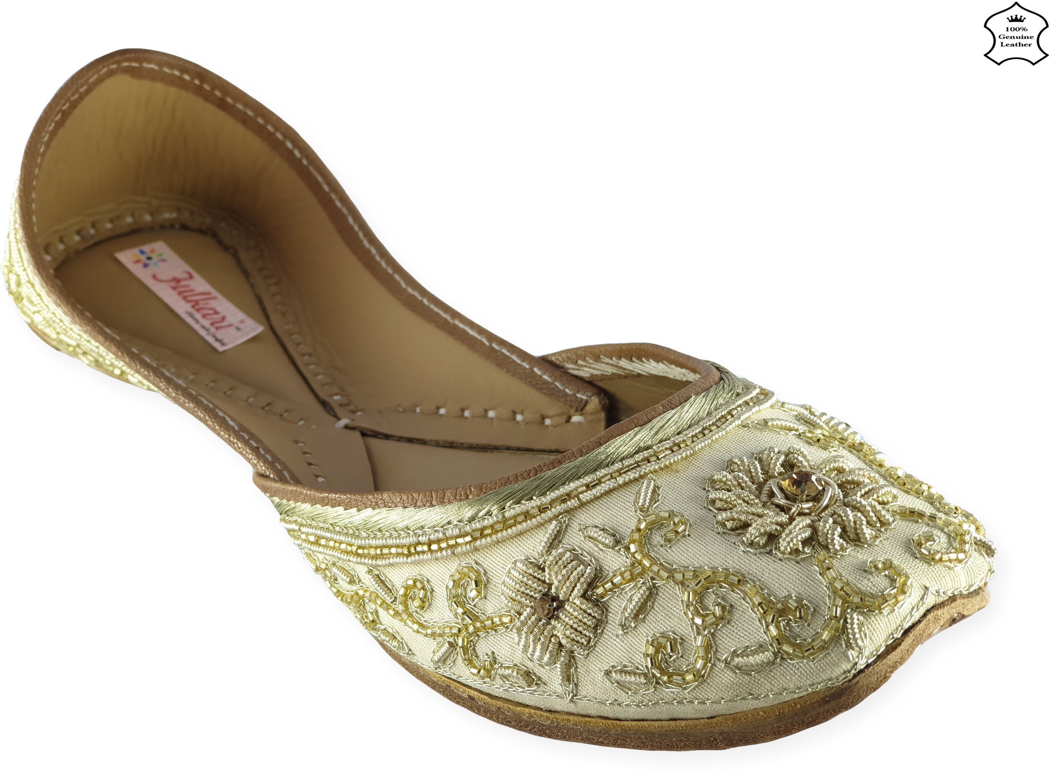Fulkari Women's Marigold Beige Gold Genuine Soft Leather Juttis | Bite and Pinch Free Jutis | Punjabi Jutti For Ladies | Wedding Flat Stylish Mojari | Bridal Ethnic Flats For Girls | 39 Jutis For Women-picture-10