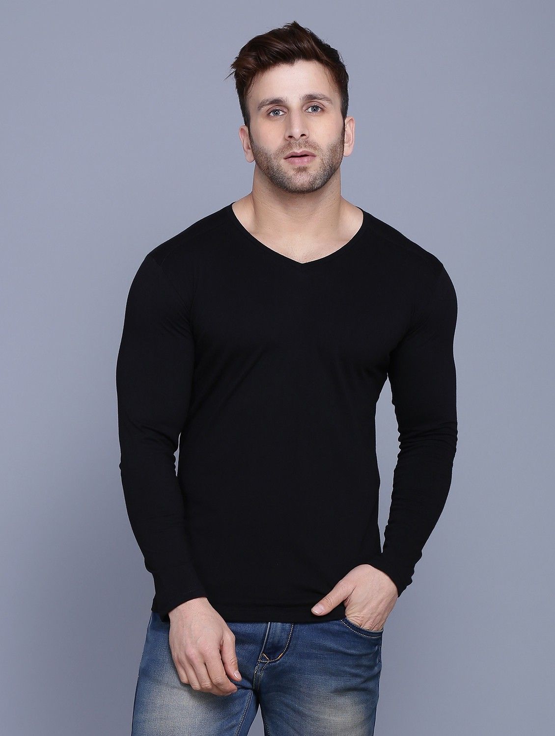 menkovy Men Solid V Neck Cotton Blend Black T-Shirt-picture-24
