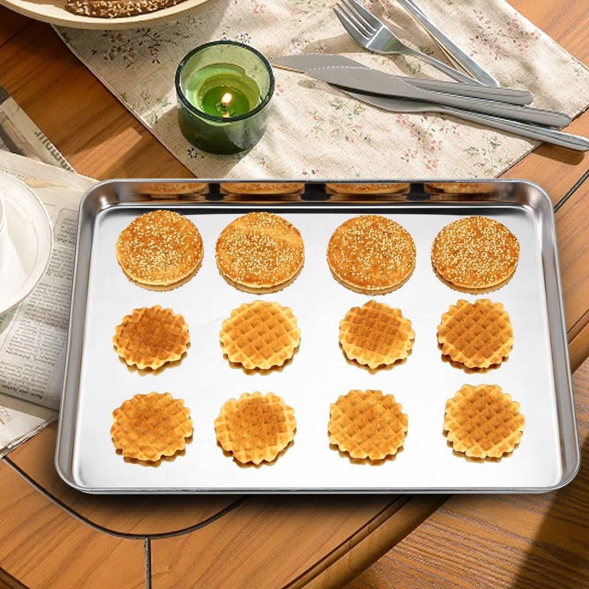 Large Baking Sheet, Stainless Steel Cookie Sheet Baking Pan Tray, Rectangle 16''x12''x1'' Tray-image-45