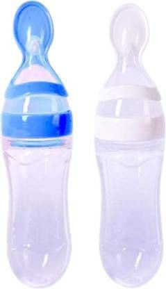 Baby Squeezy Food Grade Silicone Bottle Feeder with Soft Silicon|Spoon Feeder|Ceralac Feeder|Rice Paste Milk Food Feeder 90 ML (Squeezy Feeder - Blue & White) (Pack of 2) - Silicone (Blue & White) New Born Flow Nipple-image-37