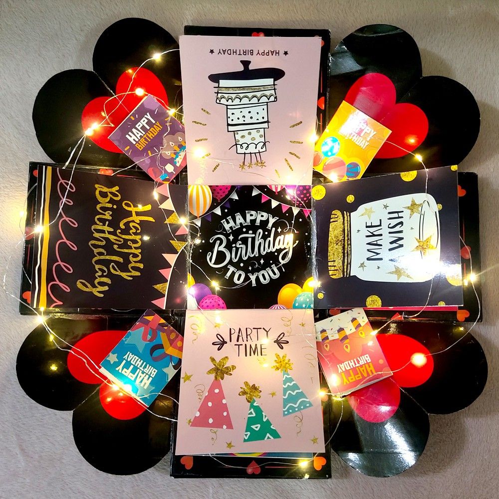 HAPPY BIRTHDAY Explosion Box with LED Cork String light Greeting Card