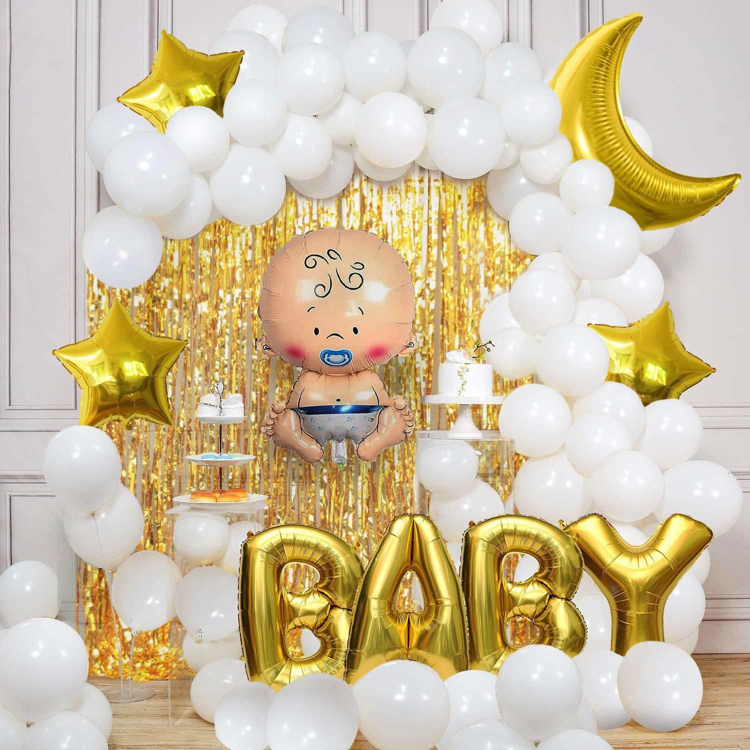 anayatech Solid Golden Baby Decoration Combo 58Pcs Foil Curtain Moon & Star Foil Balloon White Latex Balloon With Baby Letter- Boy Shape Foil Balloon For Welcome Home Baby Shower Birthday Party Decoration Balloon-picture-18
