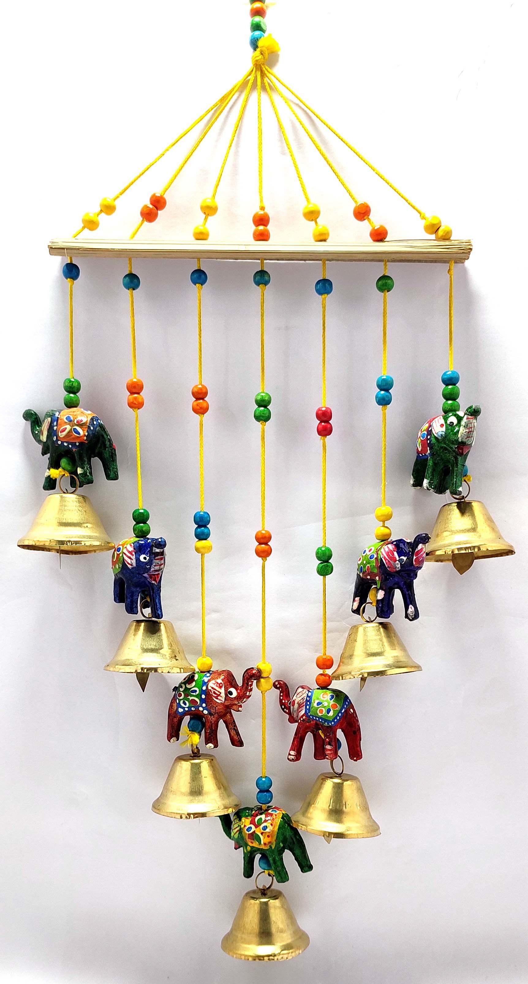 Elephent with Bells Wood Decorative Wall Hanging Showpiece Wind Chimes for Main Door, Window, Home& Office Decor Multicolour Size: (20 X 45 X 5cm) Wood Windchime-image-11