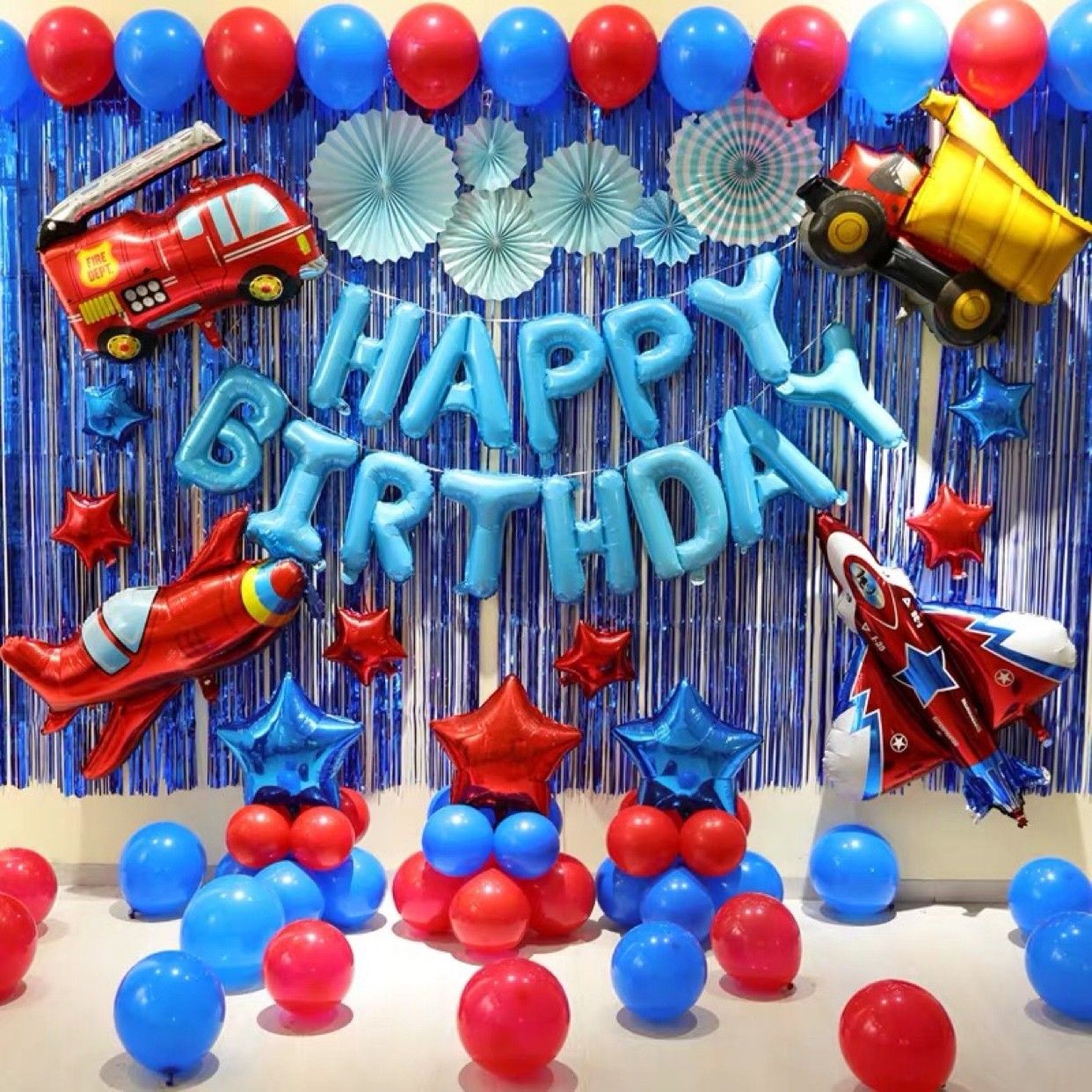 car and plain birthday combo-1 happy birthday foil balloon,2 blue curtain,2 car foil balloon,2 aeroplane foil balloon,1 red star,1 blue star,20 red and blue balloon(pack of 41)-image-43