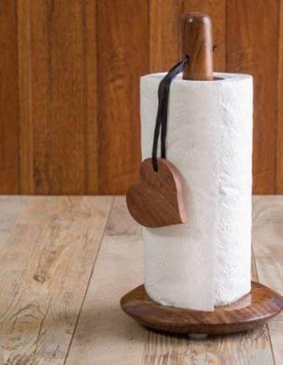 Kitchen Tissue Paper Roll Holder/Stand with Round Base (17 x 17 x 32 cm, Brown) Wooden Toilet Paper Holder