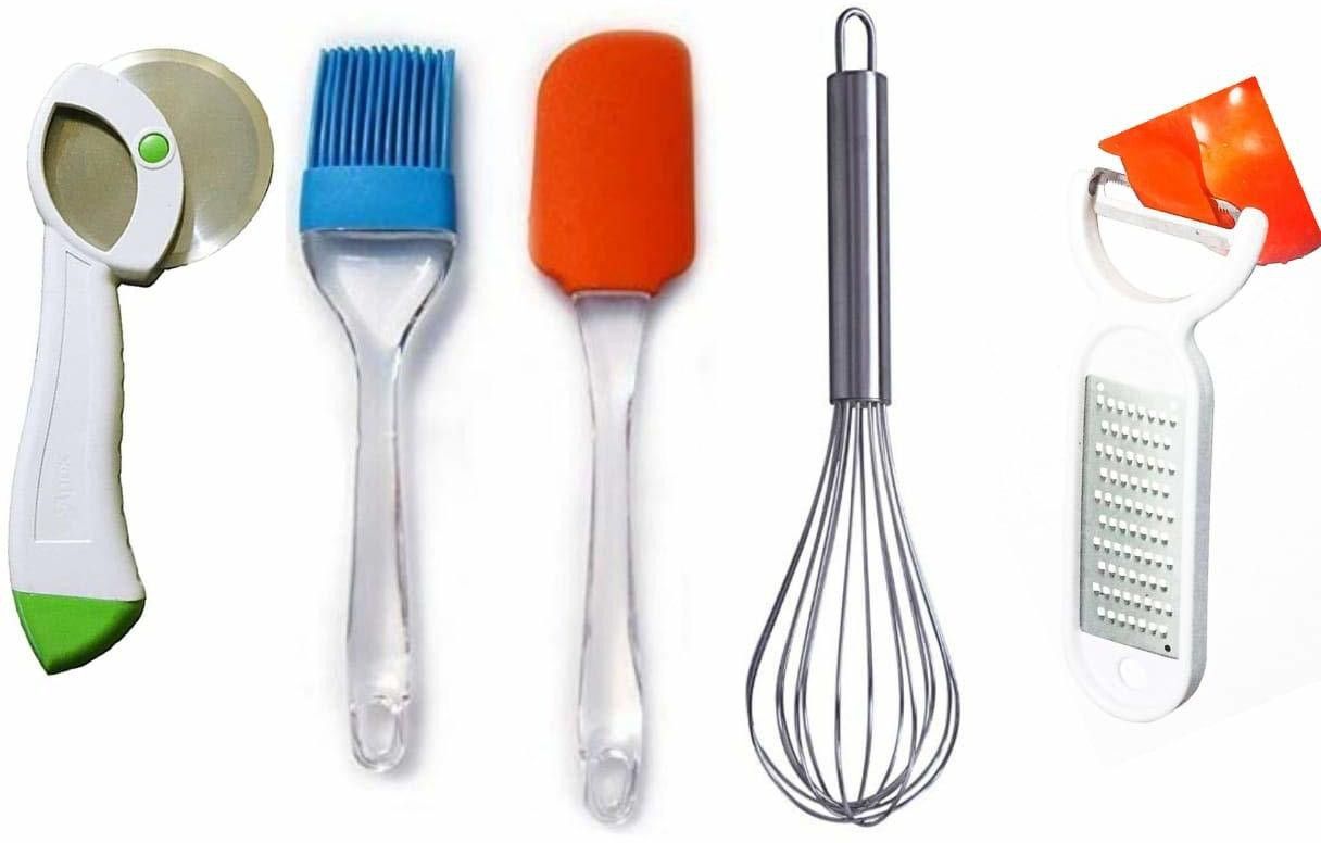Kitchen Tools Combo -6 in 1 Silicone Spatula Brush Set, Stainless Steel Whisk, Pizza Cutter, Vegetable Peeler & Cheese Grater Stainless Steel Balloon Whisk-image-48