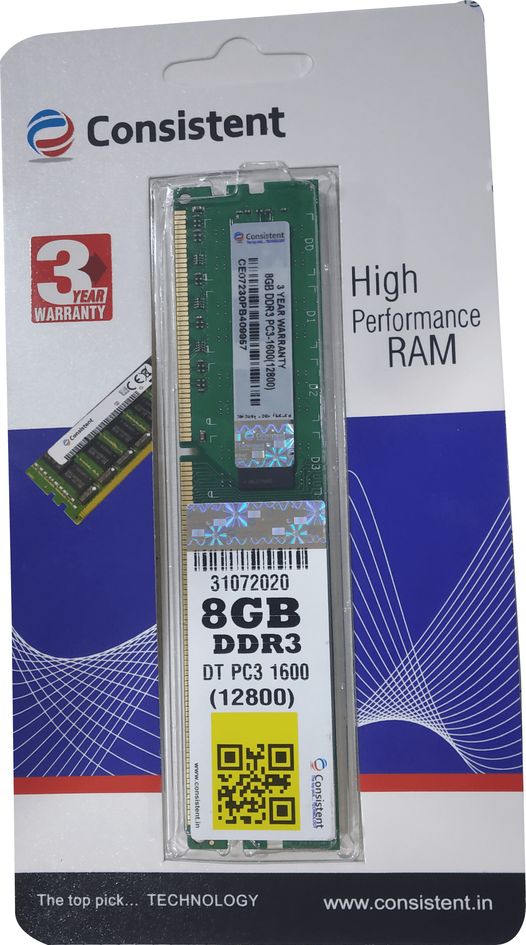 Consistent 1600 DDR3 8 GB (Single Channel) PC (DT PC3) image 1