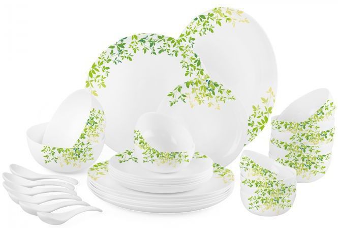 cello Pack of 33 Opalware Royale Green Orchard Dinner Set of 33 pcs || Dinner Plate 11"(6 pcs) || Quarter Plate (6 pcs) || Oval Platter (1 Pcs) || Veg Bowl (6 Pcs) || Soup Bowl (6 pcs) || Serving Bowl Medium (2 Pcs) || Spoon (6 Pcs) Dinner Set-picture-21