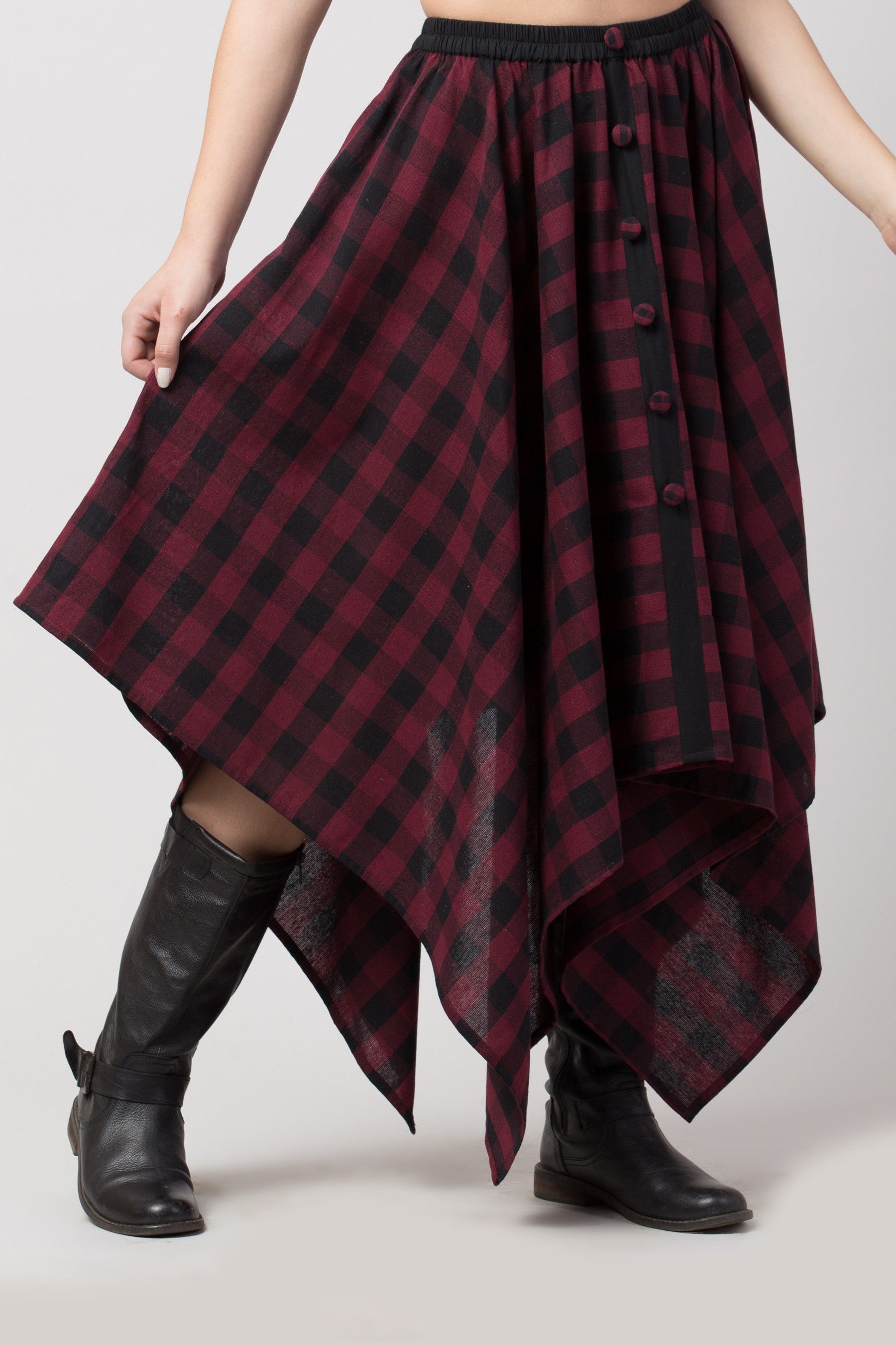 hive91 Women Checkered Asymetric Maroon Skirt-picture-24