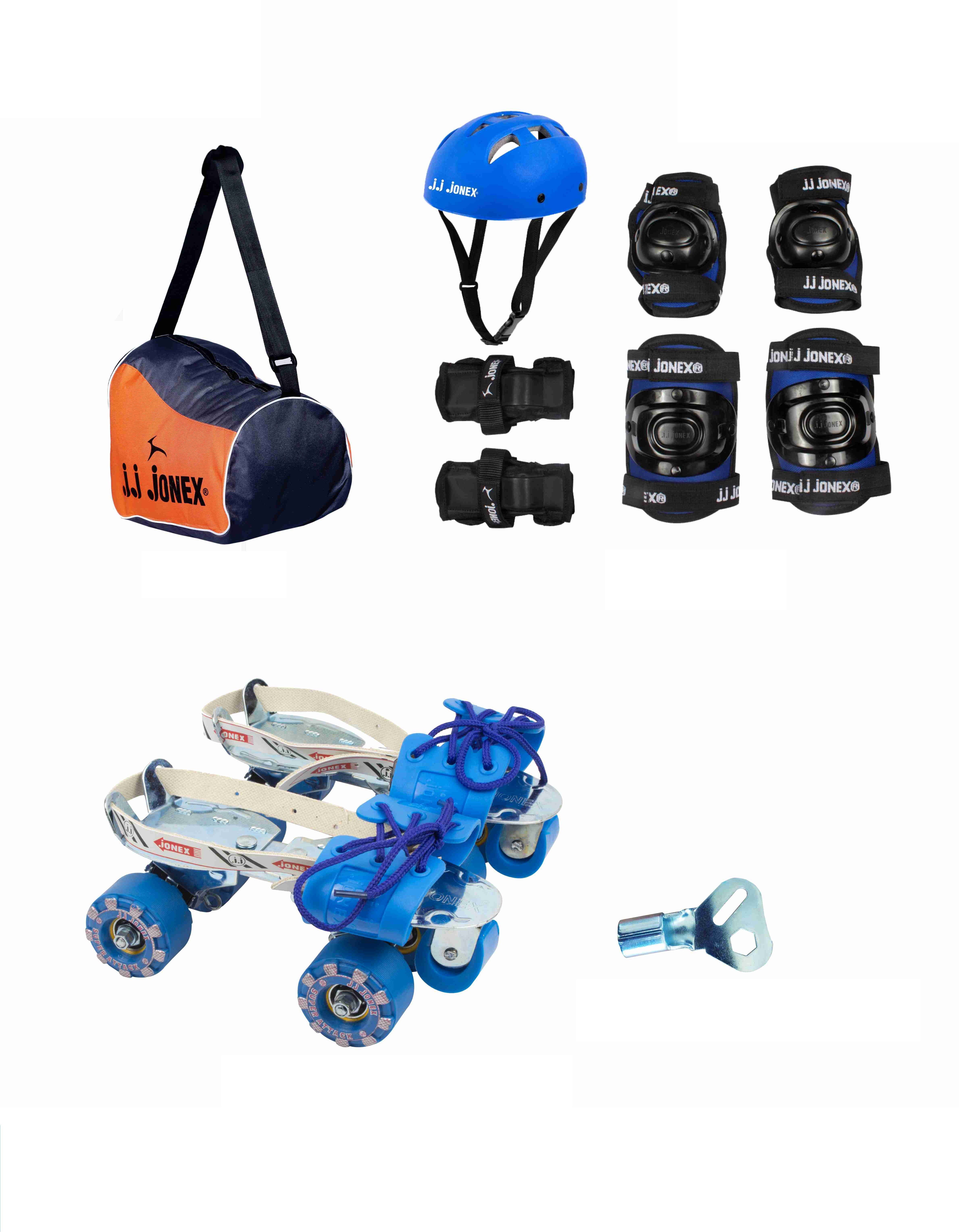 jj jonex Attack Adjustable Skates Combo for Age Group 6-10 Year with Skating Kit Blue(M) & Free Bag Skating Kit image 1