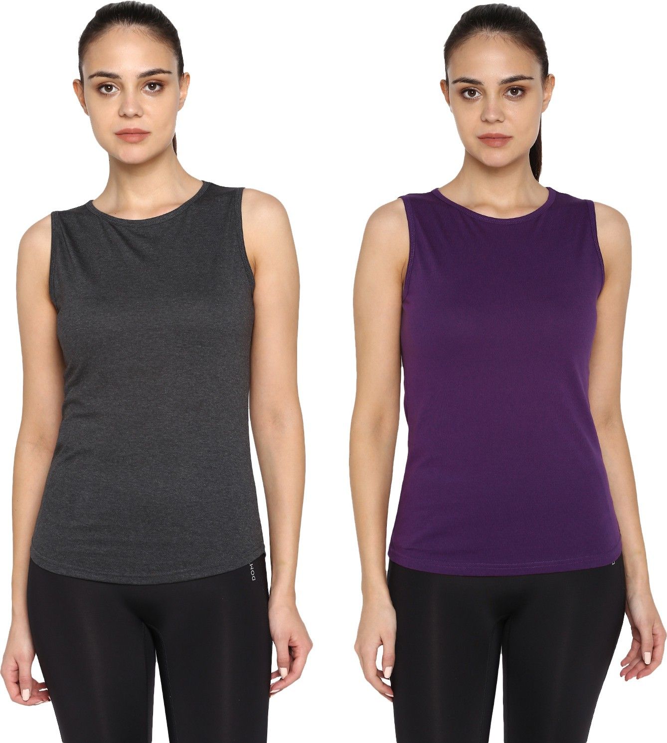 Pack of 2 Women Solid Round Neck Pure Cotton Purple, Grey T-Shirt-image-35