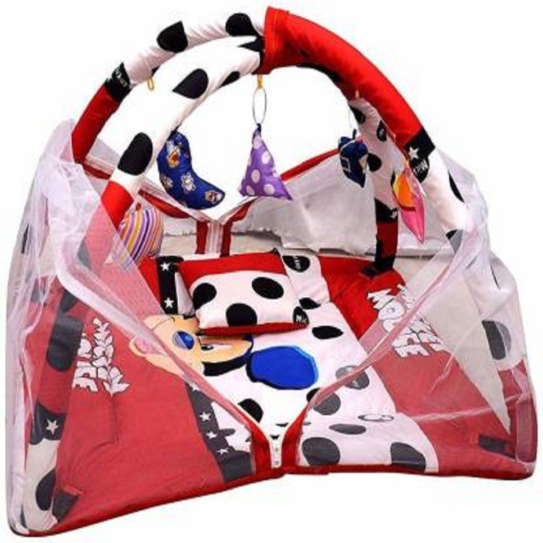 Cotton Infants Washable Mosquito Protector Comfy Baby Sleeping Mosquito Net Play gym Bed with Pillow and Hanging Toys-Red, (Mickey Mouse Print) Mosquito Net-image-7