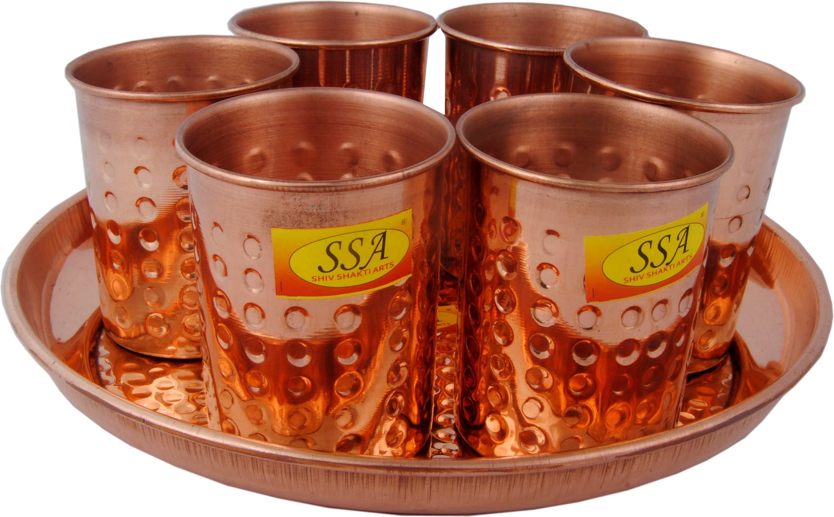 Pure Copper Glass Set With Plate Serving Purpose - Drinkware - Dinnerware, Tableware (Hammer Design, 7 Glass & 1 Thali Set) Glass Tray Set-image-48