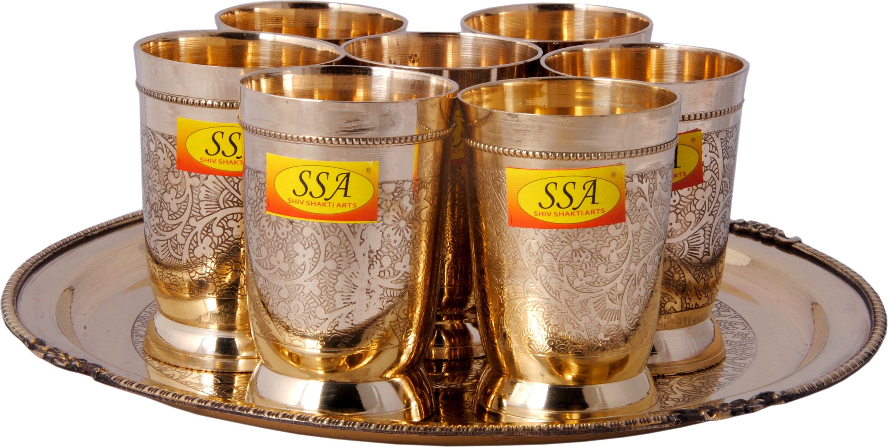 shivshakti arts Pure Brass Glass Set With Plate Serving Purpose - Drinkware - Dinnerware, Tableware (Embossed Karvi Design, 7 Glass In 1 Plate Set) Glass Tray Set-picture-47
