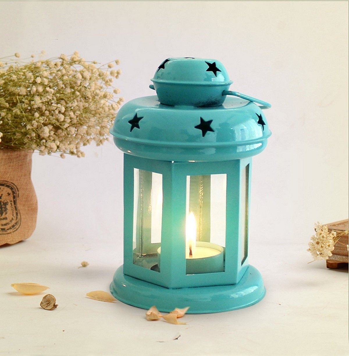 Lantern Decoration with Tealight Candle  Blue Metal Table Lantern-image-13