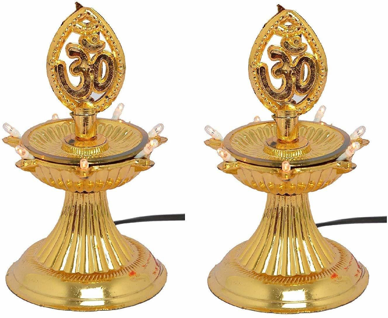 rzlecort 1 layer electric gold LED diya deepak light for diwali home temple decorative Plastic Table Diya (Height: 6 inch) Brass (Pack of 2) Table Diya Set-picture-29