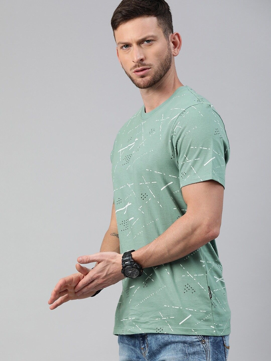 roadster Men Printed Round Neck Pure Cotton Green T-Shirt-picture-18