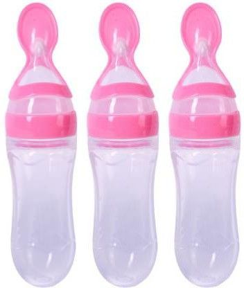 Baby Squeezy Food Grade Silicone Bottle Feeder with Soft Silicon|Spoon Feeder|Ceralac Feeder|Rice Paste Milk Food Feeder 90 ML (Squeezy Feeder Pack of 3 ) PINK- SILICONE-image-38