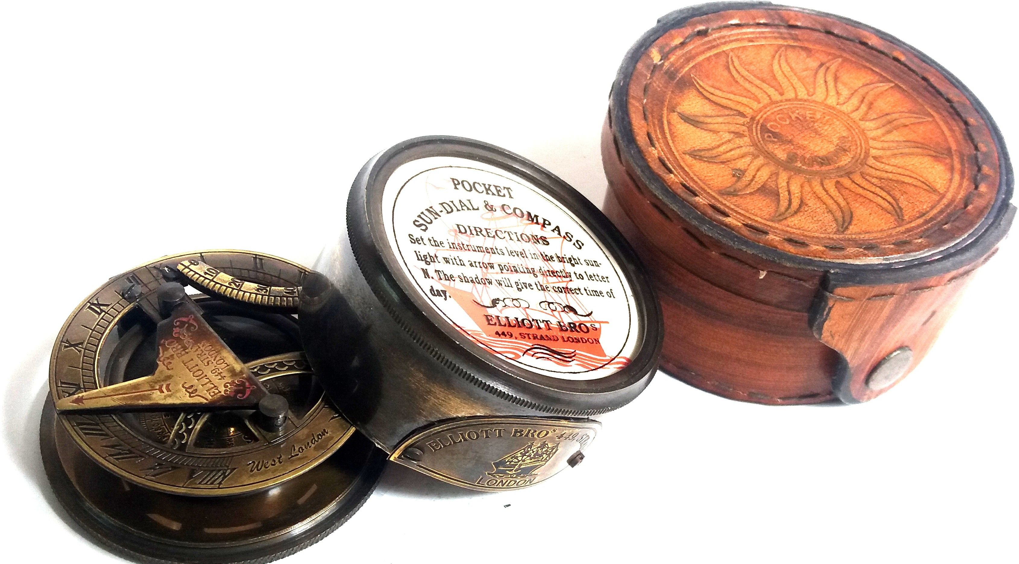 k.v handicrafts ELLIOTT BRO's 449,STRAND LONDON Antique Pocket Drum Compass With Leather Box Compass-picture-44