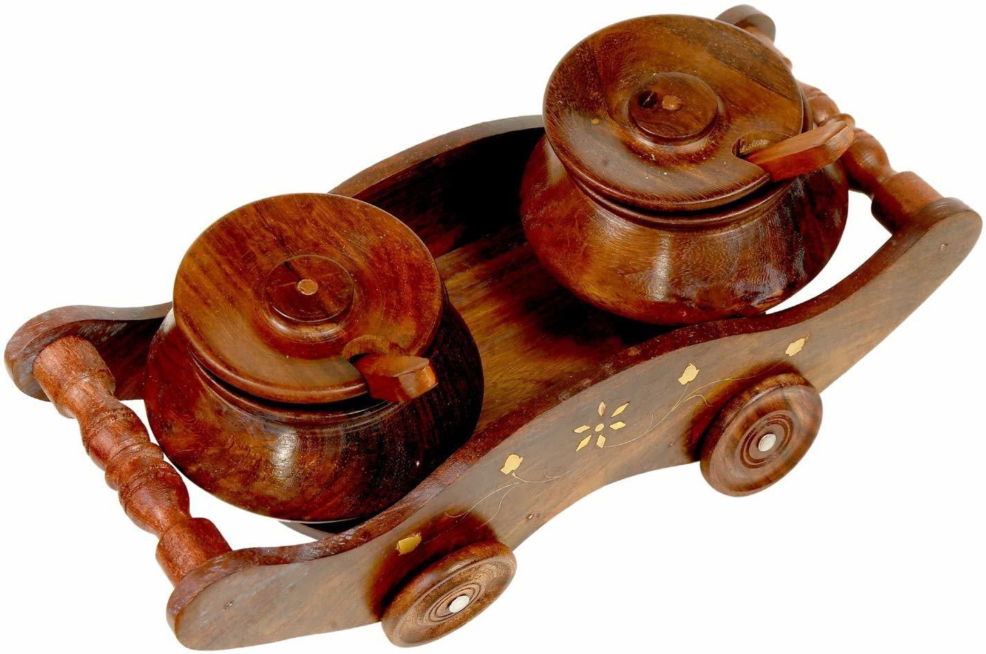 artandcraftindia Wooden 2 Jar with Trolly Tray, Spoon Serving Set-picture-24