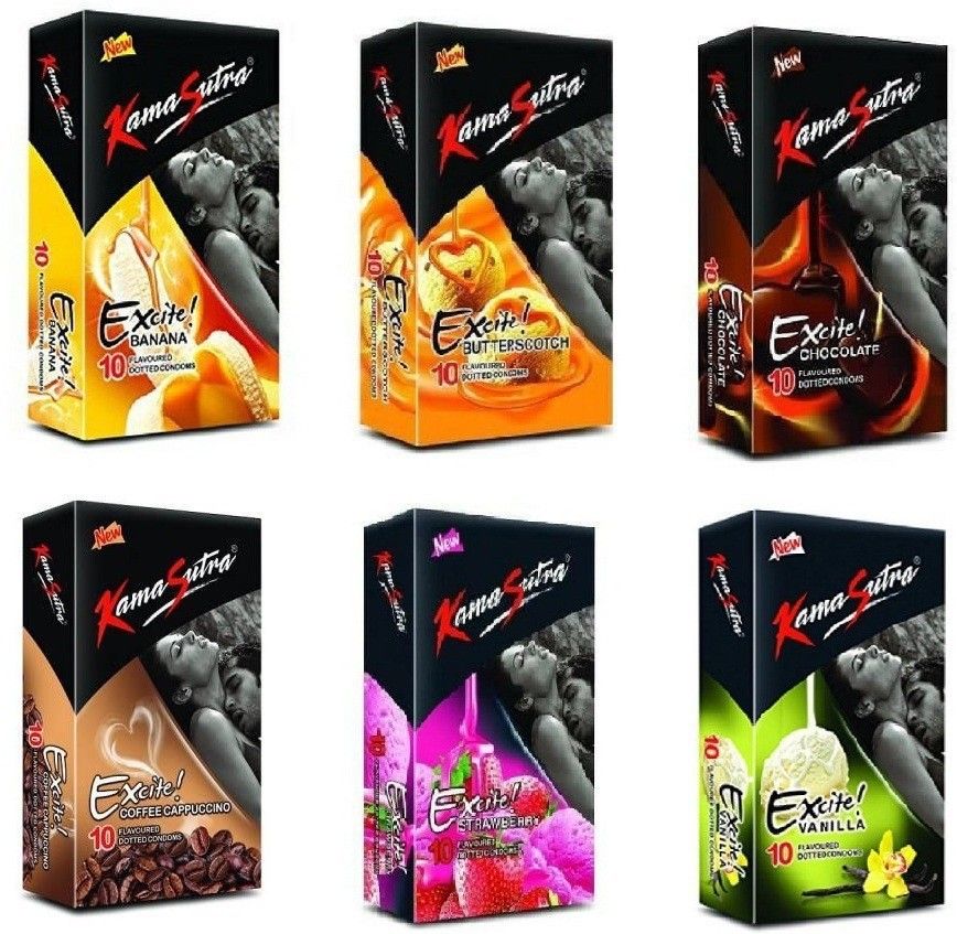 Excite Vanilla, Strawberry, Coffee Cappuccino, Butterscotch, Banana and Chocolate Flavoured Dotted Condom 10s (6x10) Condom-image-1