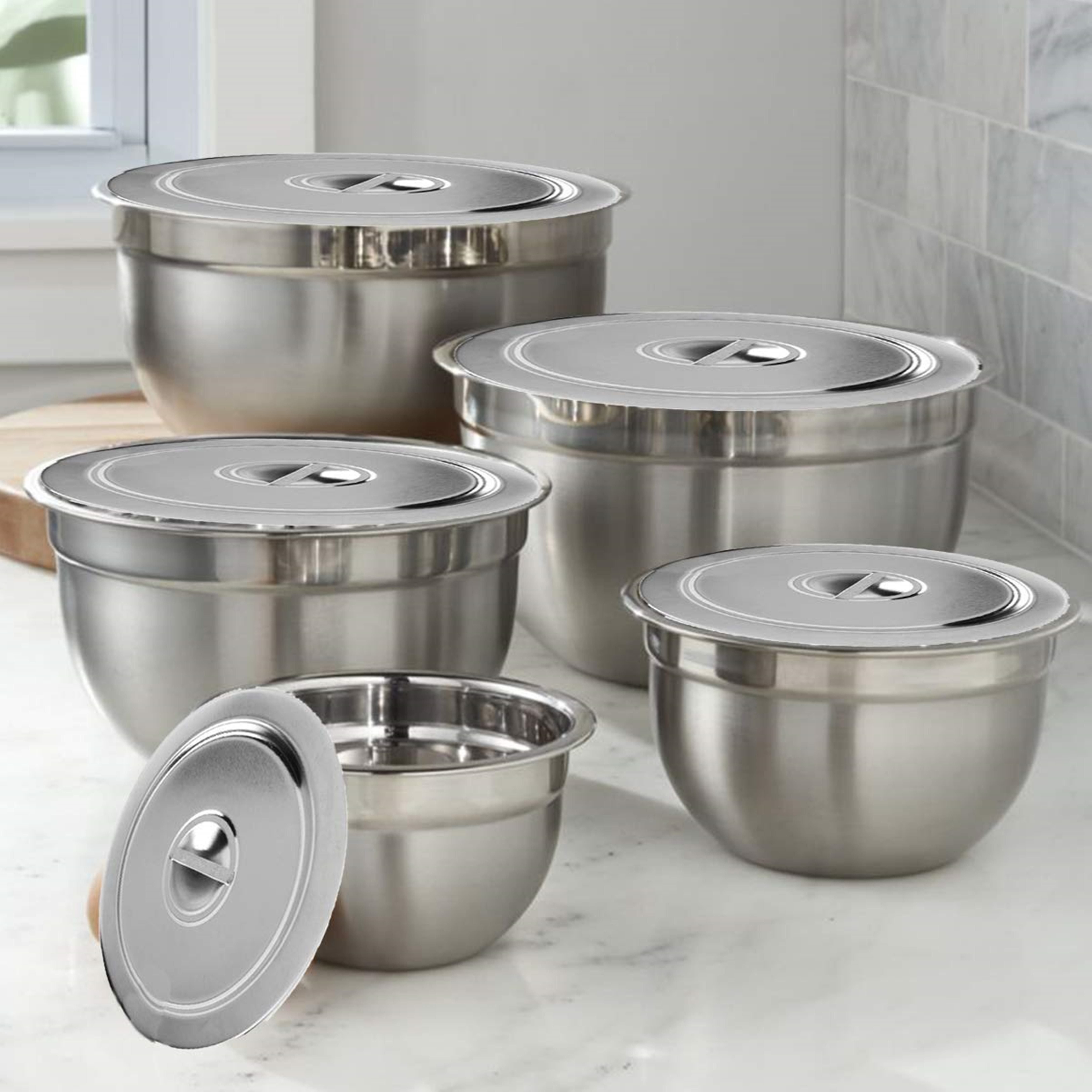 evk Stainless Steel Serving Bowl and Mixing Bowl Set with Lid/Cover German Bowl Set with Steel Lid of 5 Piece Disposable-picture-2