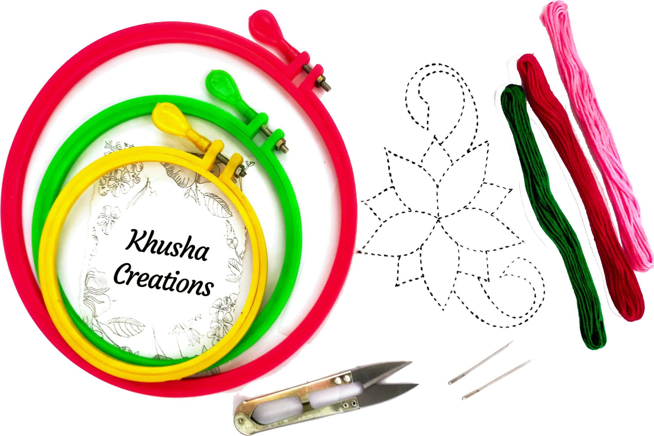 khusha creation Plastic Fabric Embroidery Hoop Ring Frame : Set of 3 pcs Embroidery Frame ( Diameter : 8" , 6" , 5" ) With Thread Cutter , Embroidery Needles , Cotton Embroidery Thread Skeins and Tracing paper with design-picture-21