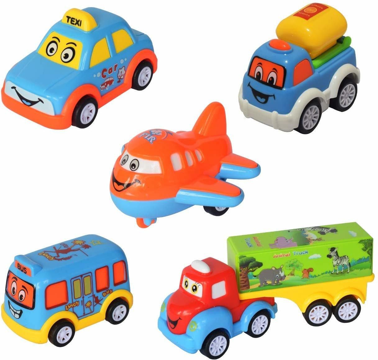 Set of 5 Unbreakable Friction Powered Pull Back Automobile Car Plane Truck Vehicle Toys for Kids