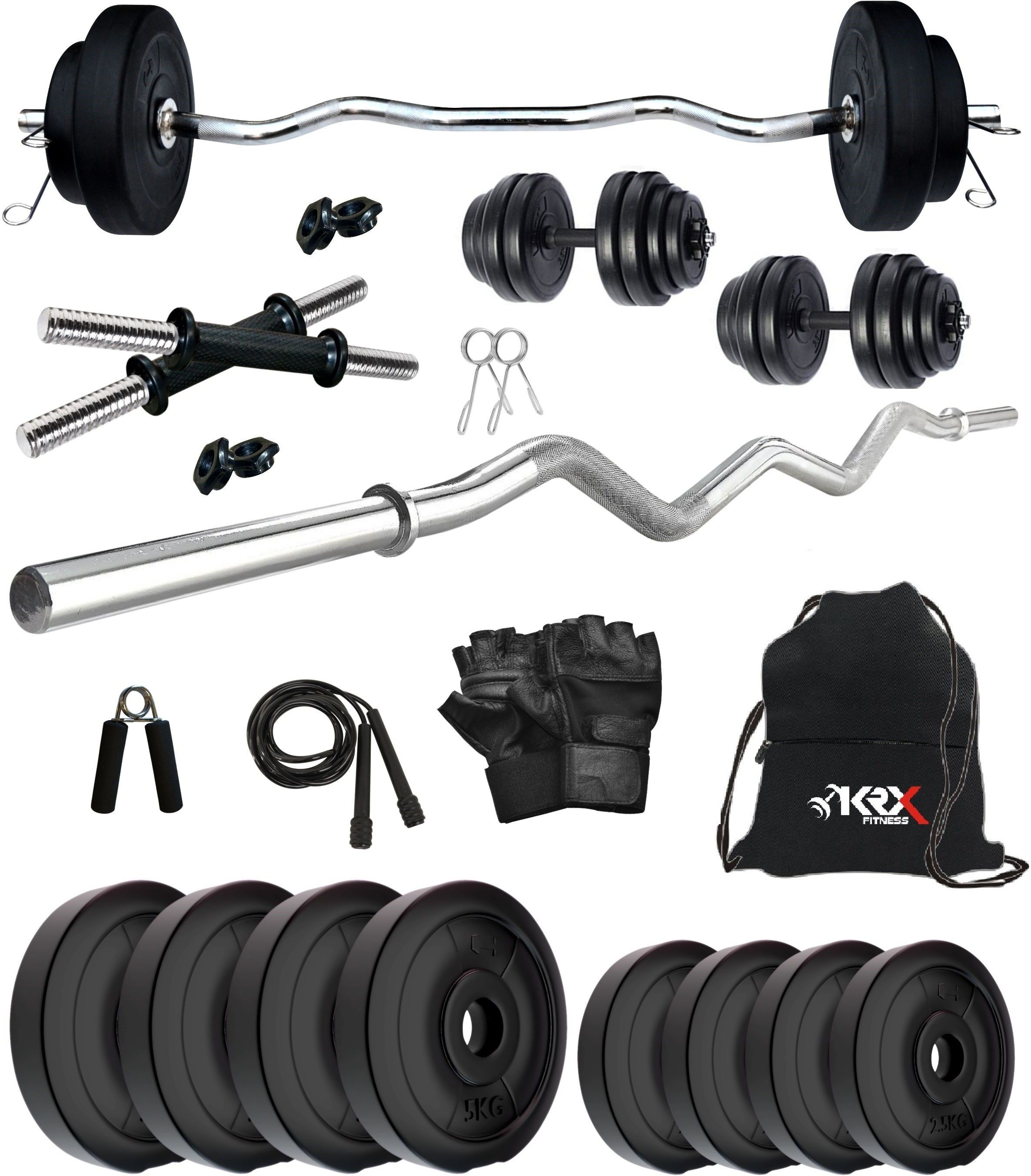 30 kg PVC 30 Kg with One 3 Ft Curl Rod and One Pair Dumbbell Rods with gym Accessories_52 Home Gym Combo