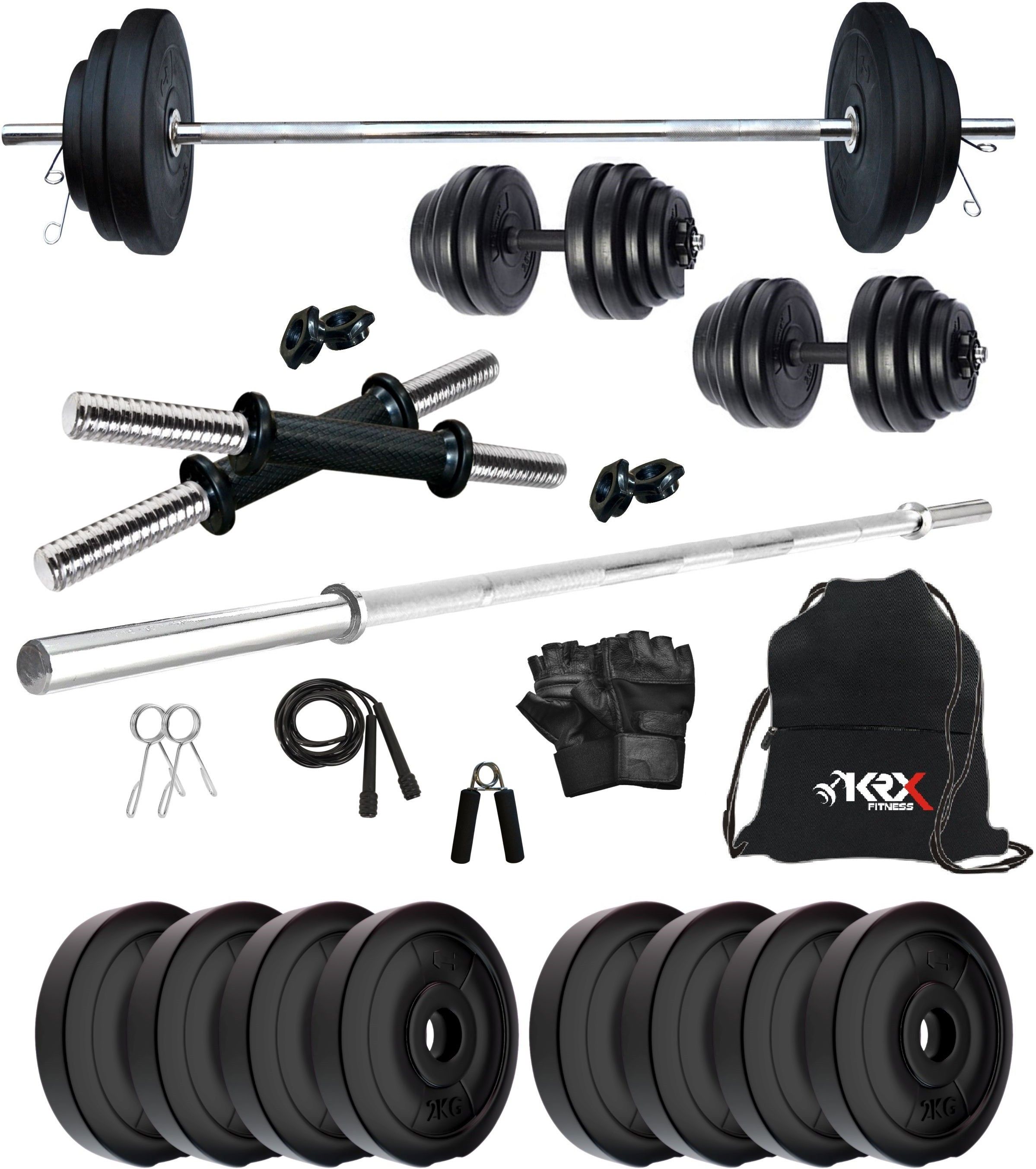 16 kg PVC 16 KG COMBO 9 with One 4 Ft Plain Rod and One Pair Dumbbell Rods with Gym Accessories Home Gym Combo