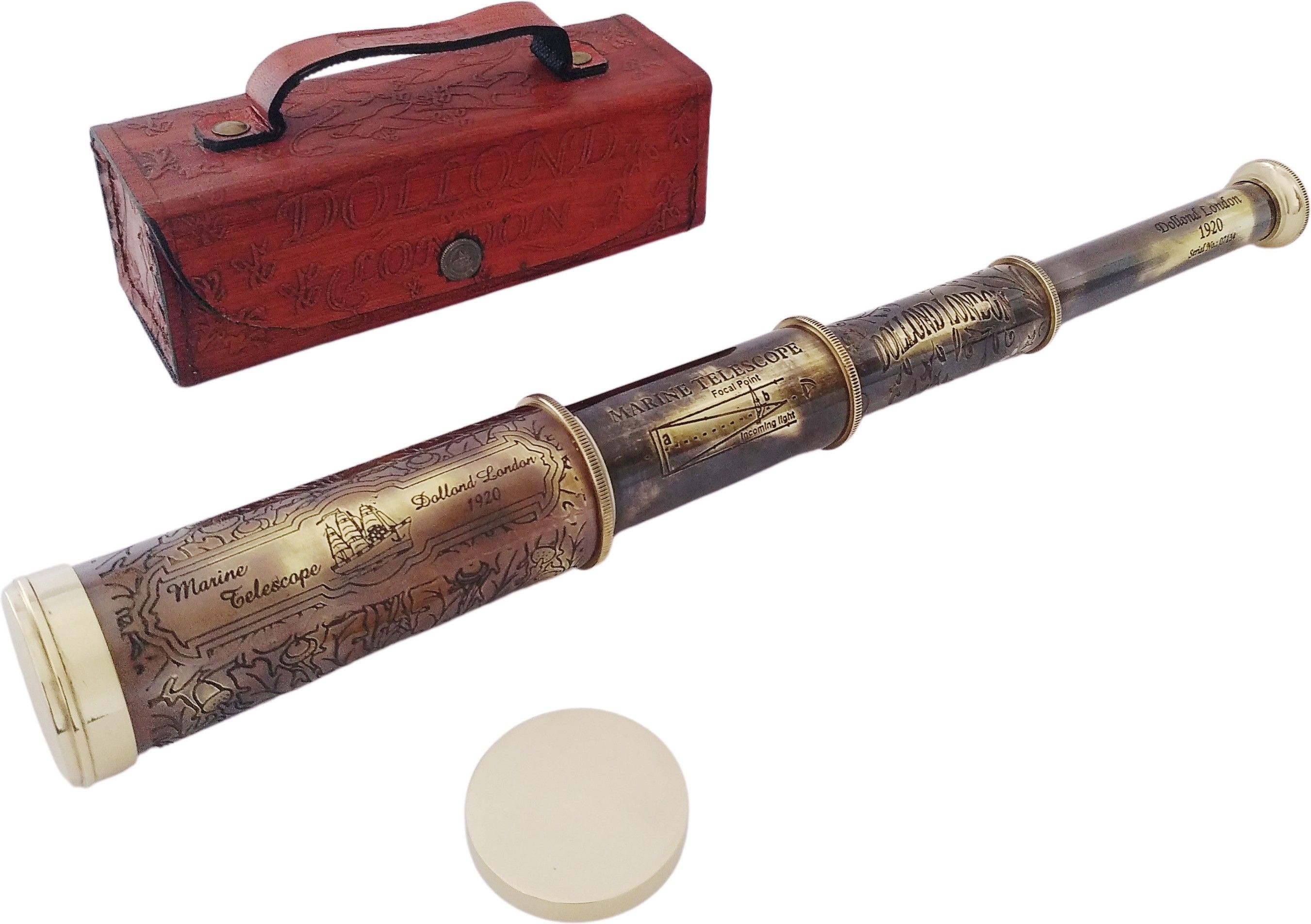 Shoptreed 15" Antique Maritime Brass Dolland London 1920 Telescope with lid in Leather cover Vintage Spyglass Marine Collectible Catadioptric Telescope-picture-14