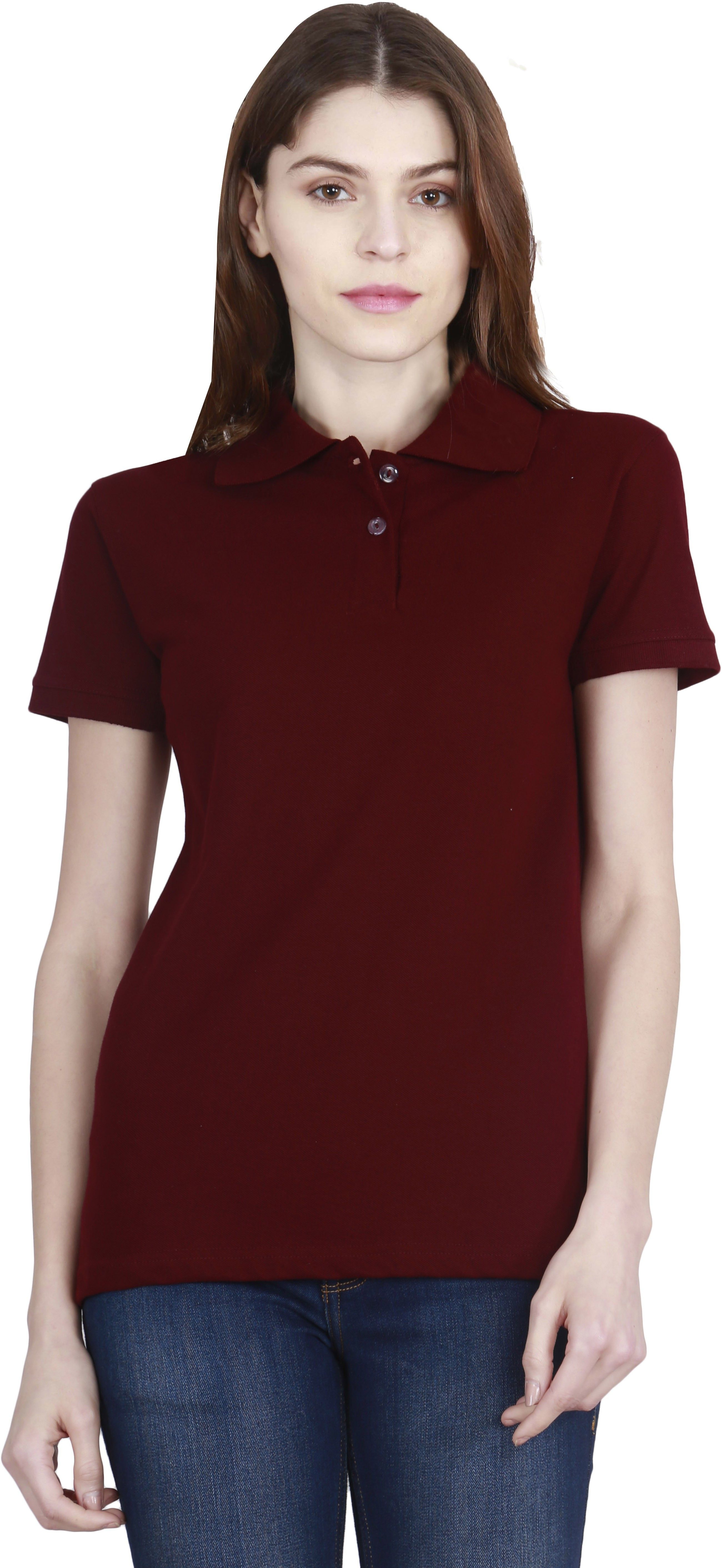 women polo t shirt plain Women Solid Polo Neck Cotton Blend Maroon T-Shirt