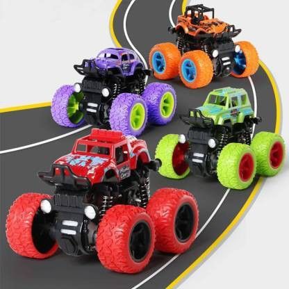 4pc 4WD Mini Monster Trucks Friction Powered Cars for Kids with Big Rubber Tyres Baby Boys Super Cars Blaze Truck Toys for 2 Years Old(Set of 4) (Red, Purple, Green, Orange, Pack of: 4) TOYS FOR KIDS