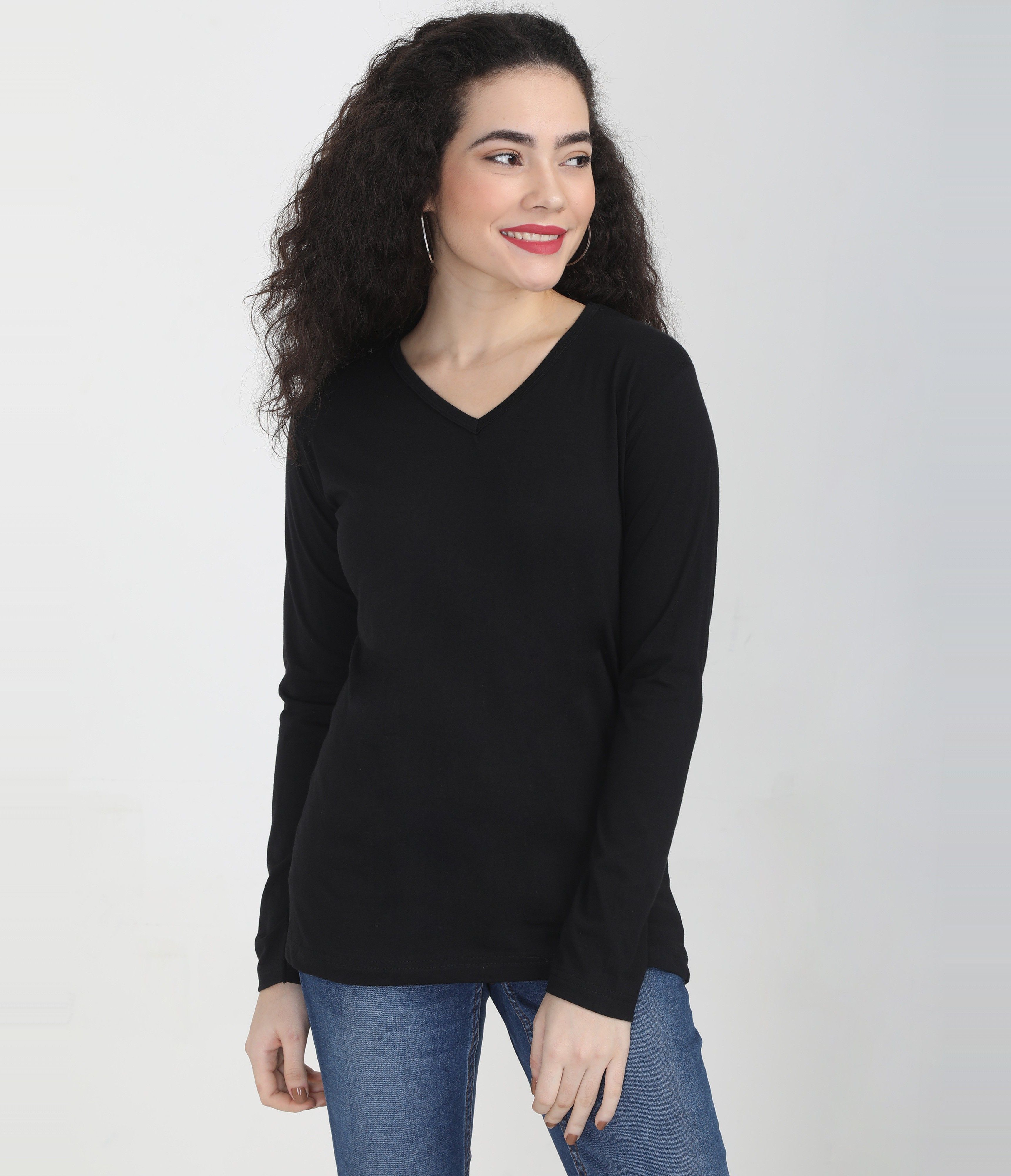 fleximaa Women Solid V Neck Pure Cotton Black T-Shirt-picture-27