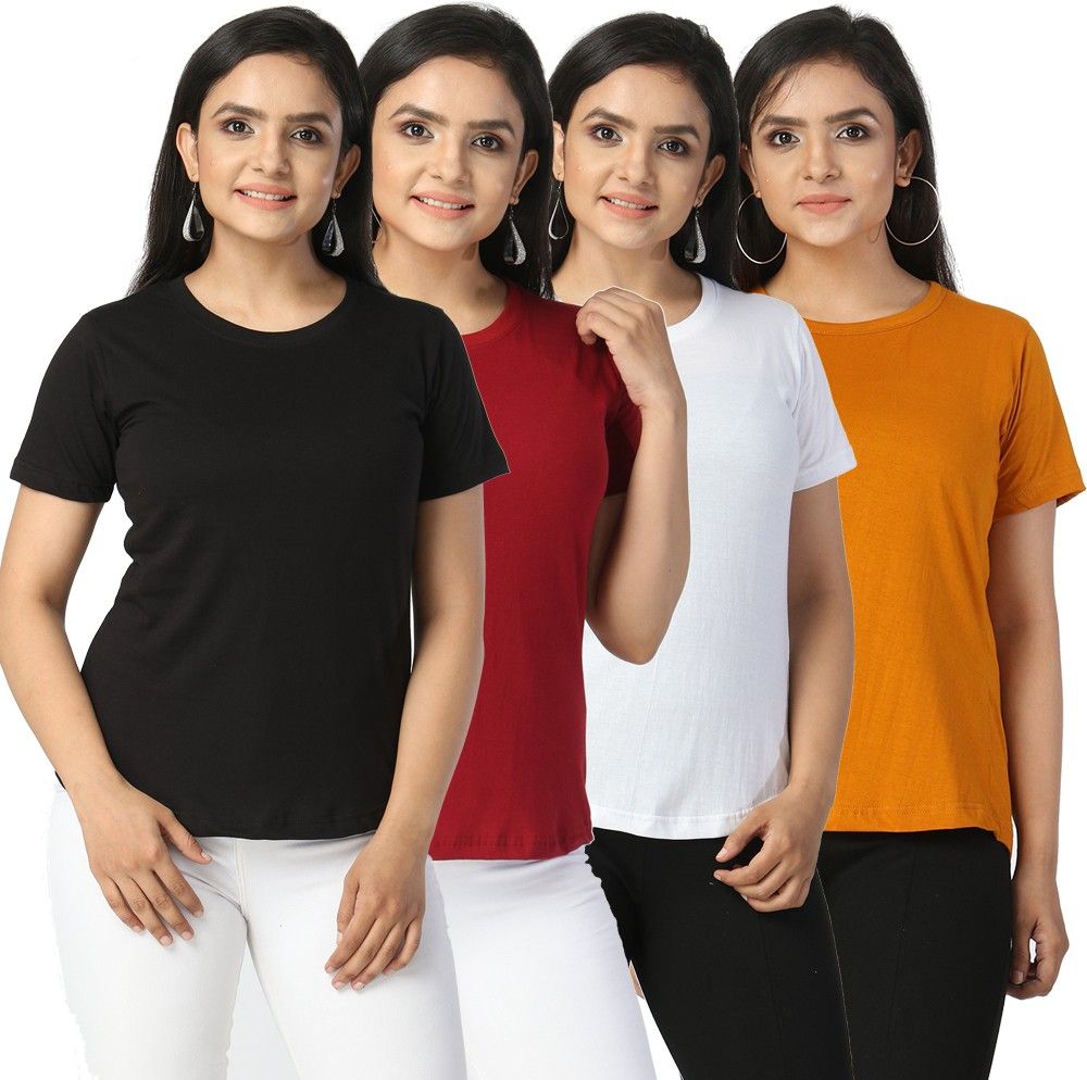 Pack of 4 Women Solid Round Neck Pure Cotton Multicolor T-Shirt-image-28