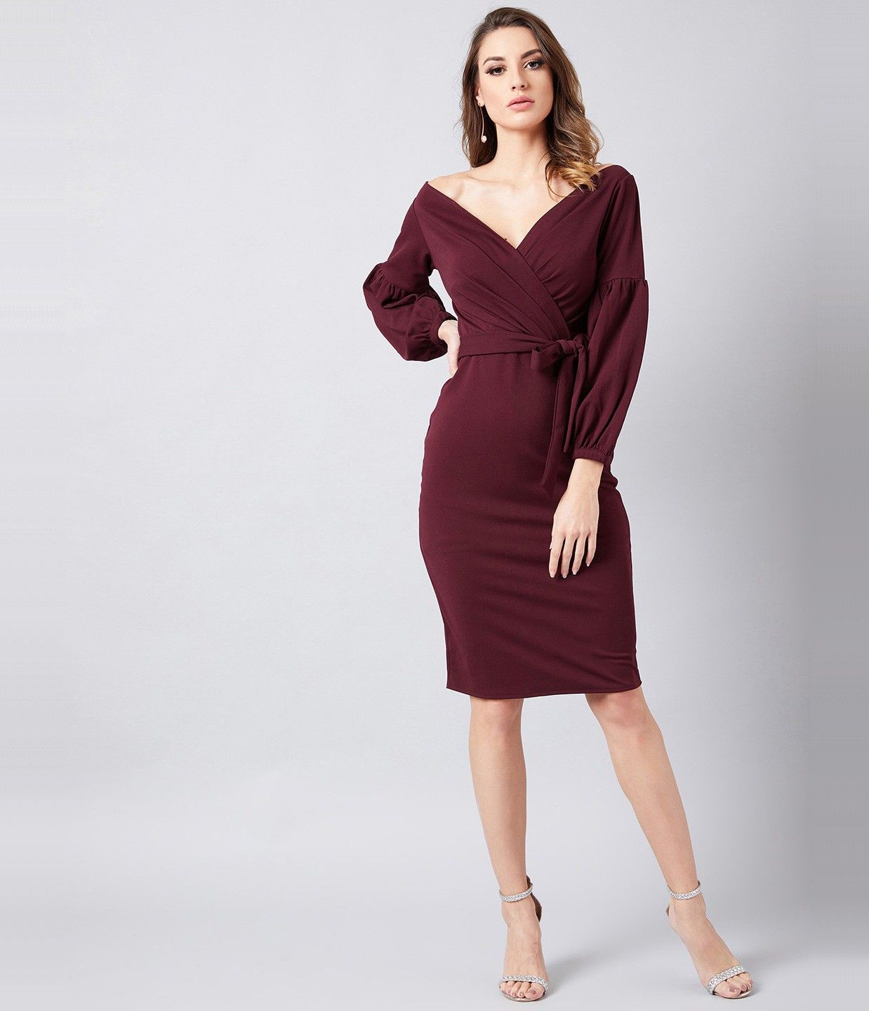 Women Bodycon Maroon Knee Length Dress-image-28