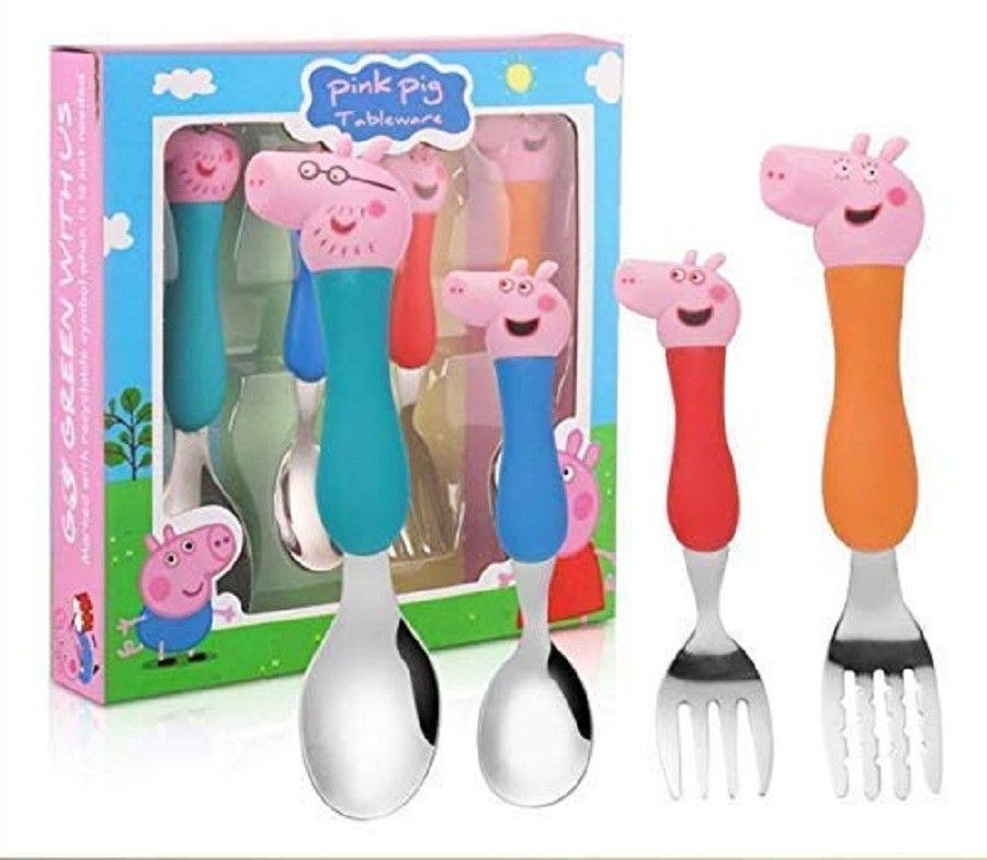 PIG shape SPOON SET CUTLERY SET FOR KIDS STAINLESS SPOON 4 PIECES 2 FORK 2 SPOON Stainless Steel Cutlery Set (Pack of 4) Stainless Steel Cutlery Set-image-41