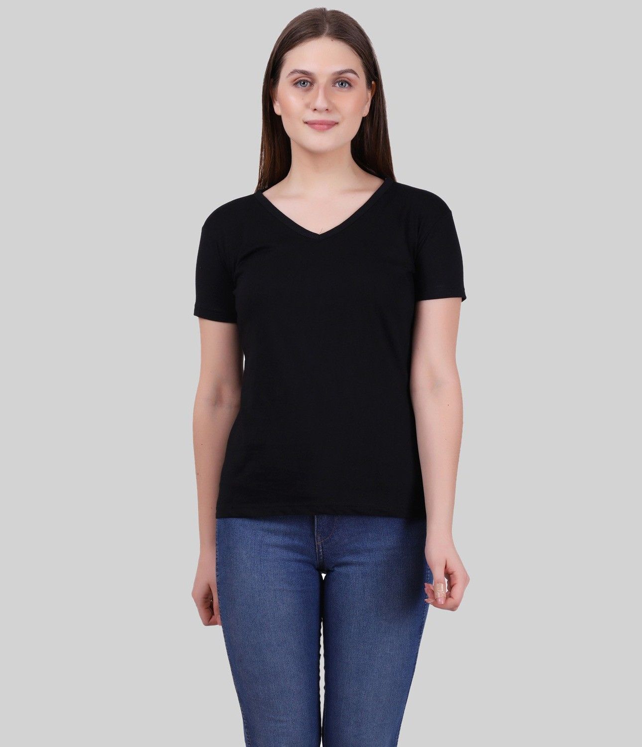 fleximaa Women Solid V Neck Pure Cotton Black T-Shirt-picture-18