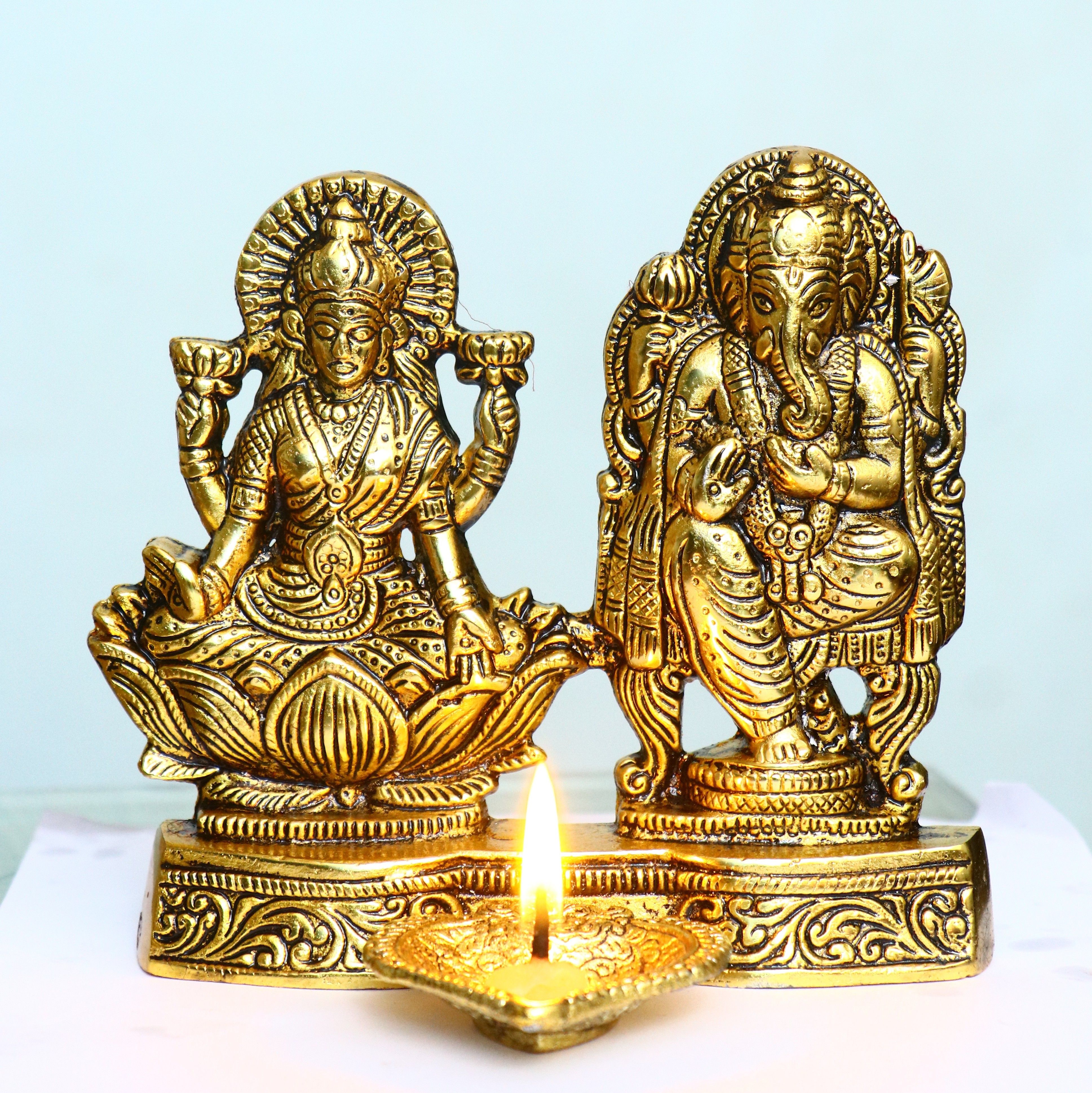 Metal Laxmi Ganesh Idol Showpiece Oil Lamp Diya Deepak - Metal Lakshmi Ganesh Statue - Diwali Home Decoration Items - Lakshmi Ganesh for Diwali puja Aluminium Table Diya-image-37
