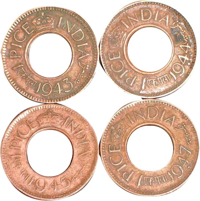 pmw 1943 - 1944 -1945 & 1947 ONE Pice Hole Copper Coin - Total 4 Coins - Chilikkana Ancient Coin Collection-picture-3