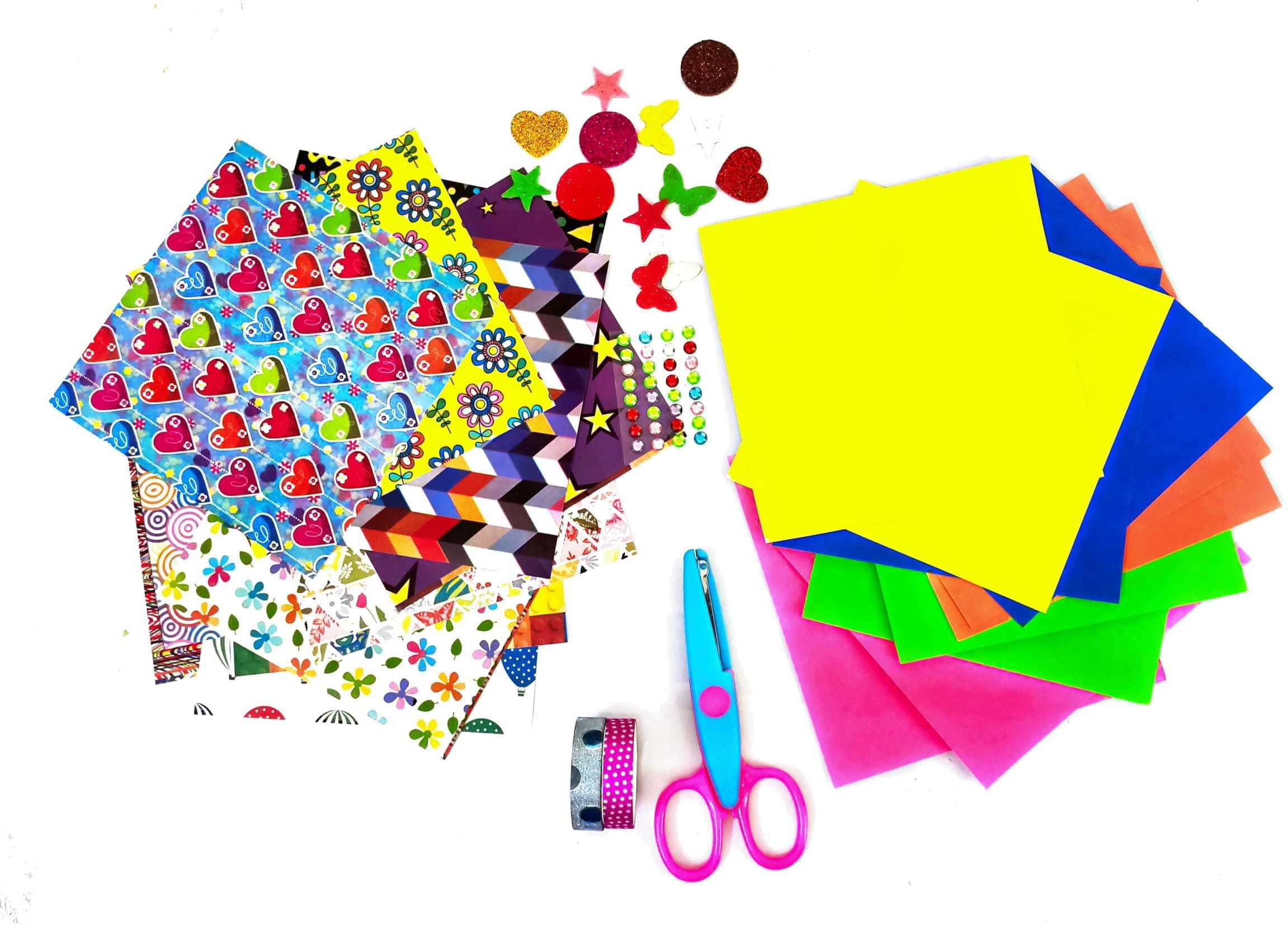 Paper Craft KIt: Designer Printed Craft Paper , Multicolor Craft papers with Craft Scissors And Decoration Materials for Scrapbook Making , Paper Craft , Greeting card Making , Poster making , DIY projects / Art and Craft kit for Kids / Gift for Kids / Craft Material kit / Craft Hobby-image-37