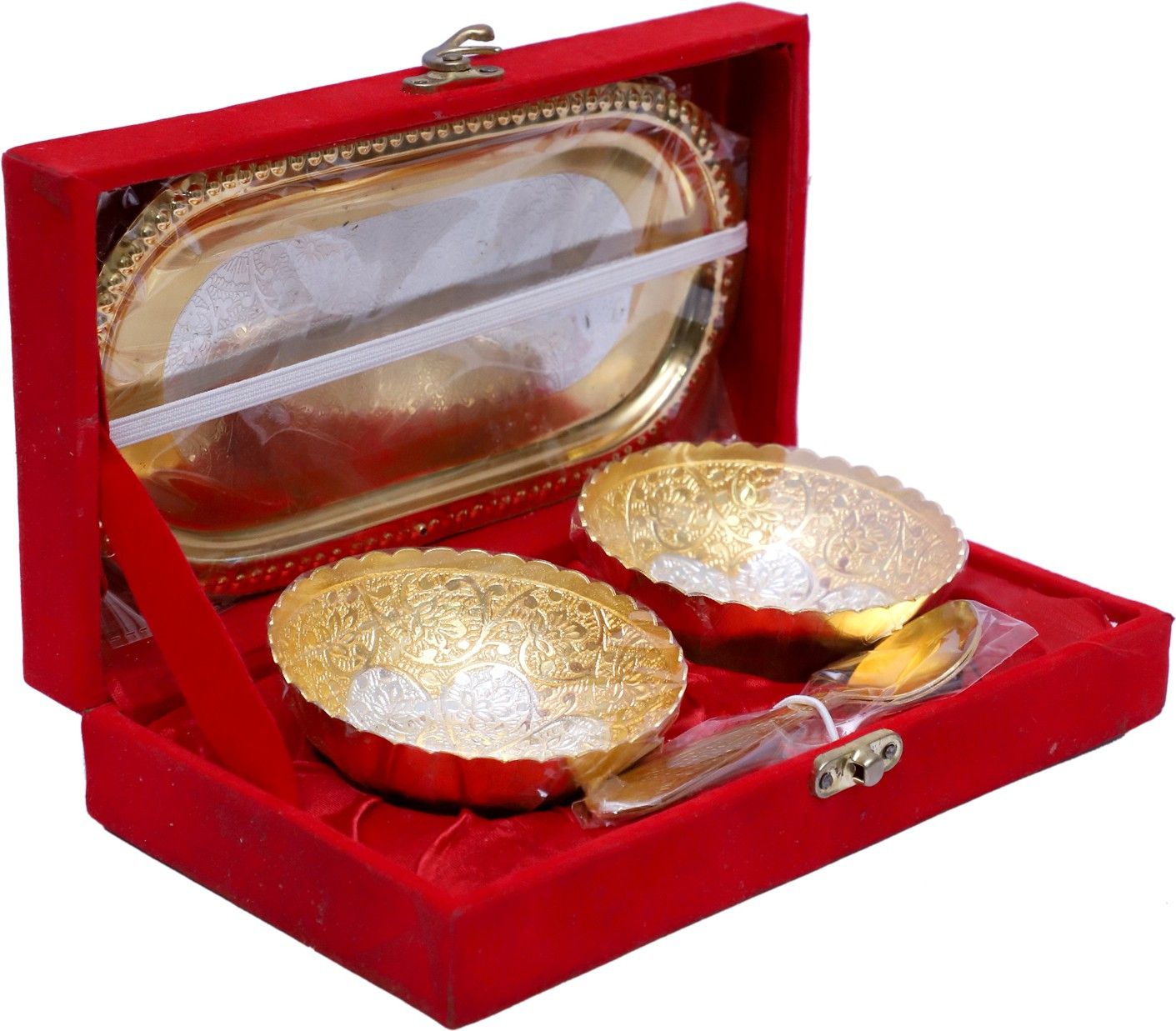 Specail Diwali Gifts Gold Plated Set of 2 Brass Bowls (Capacity-150 ml), 2 Spoons and 1 Tray, Serving Set Bowl, Plate, Spoon Serving Set-image-11