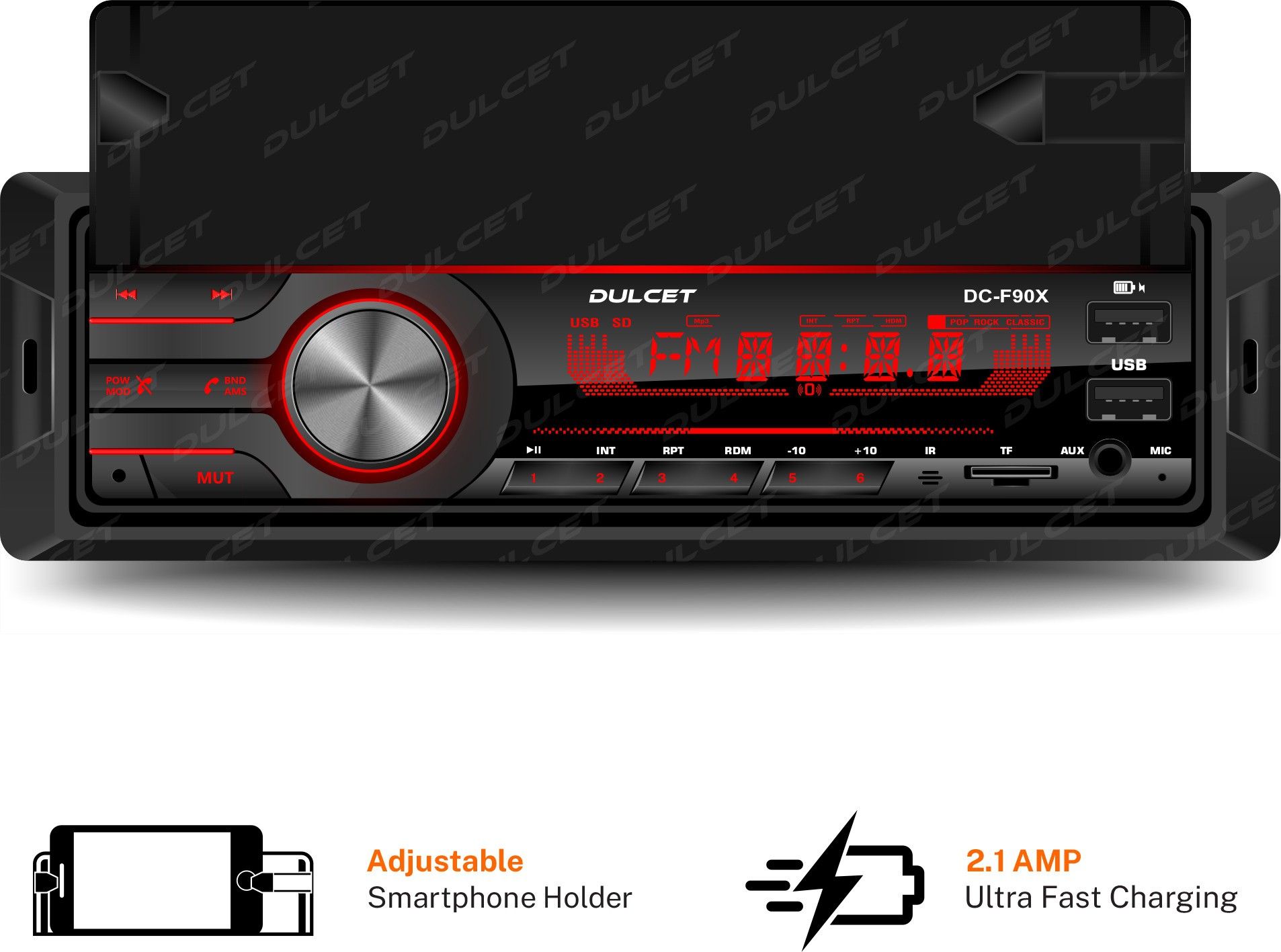 dulcet DC-F90X 220W High Power Stereo Output Universal Fit Single Din Mp3 Car Stereo with in-Built Smartphone Holder | 2.1 Amp Ultra Fast Charging | Dual USB Ports | Bluetooth | Hands-Free Calling | FM Radio | AUX Input | SD Card Slot | Remote Control | 7 Color LCD Display | ID3 Tag with EQ | Bass | Treble | Balance & Fader Control DC-F90X Car Stereo-picture-14