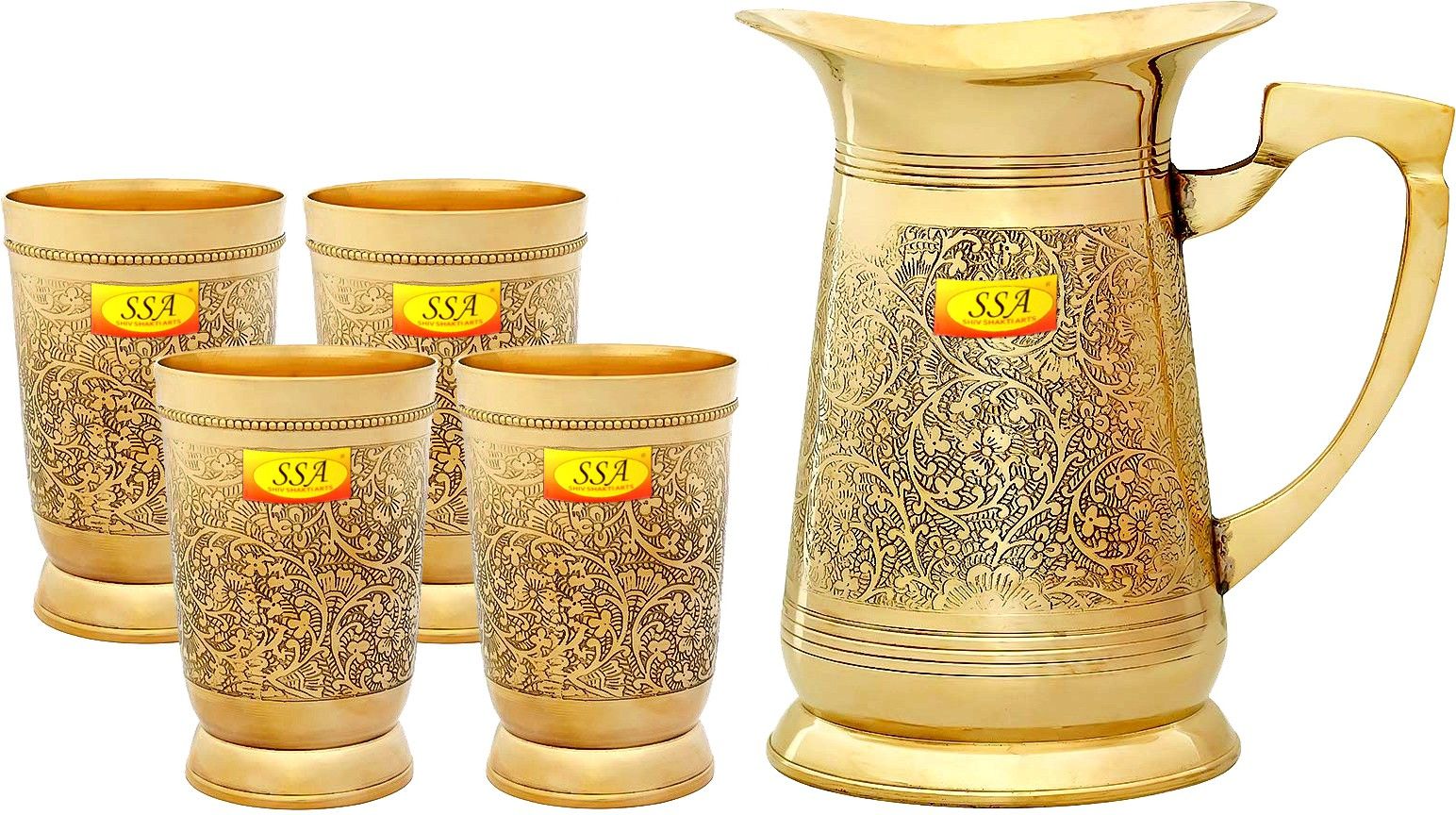 Embossed Engraved Design 100% Pure Brass Jug / Pitcher, With 4 Glasses Set | Drinkware Set - 2020 Gift Item Jug Glass Set-image-49