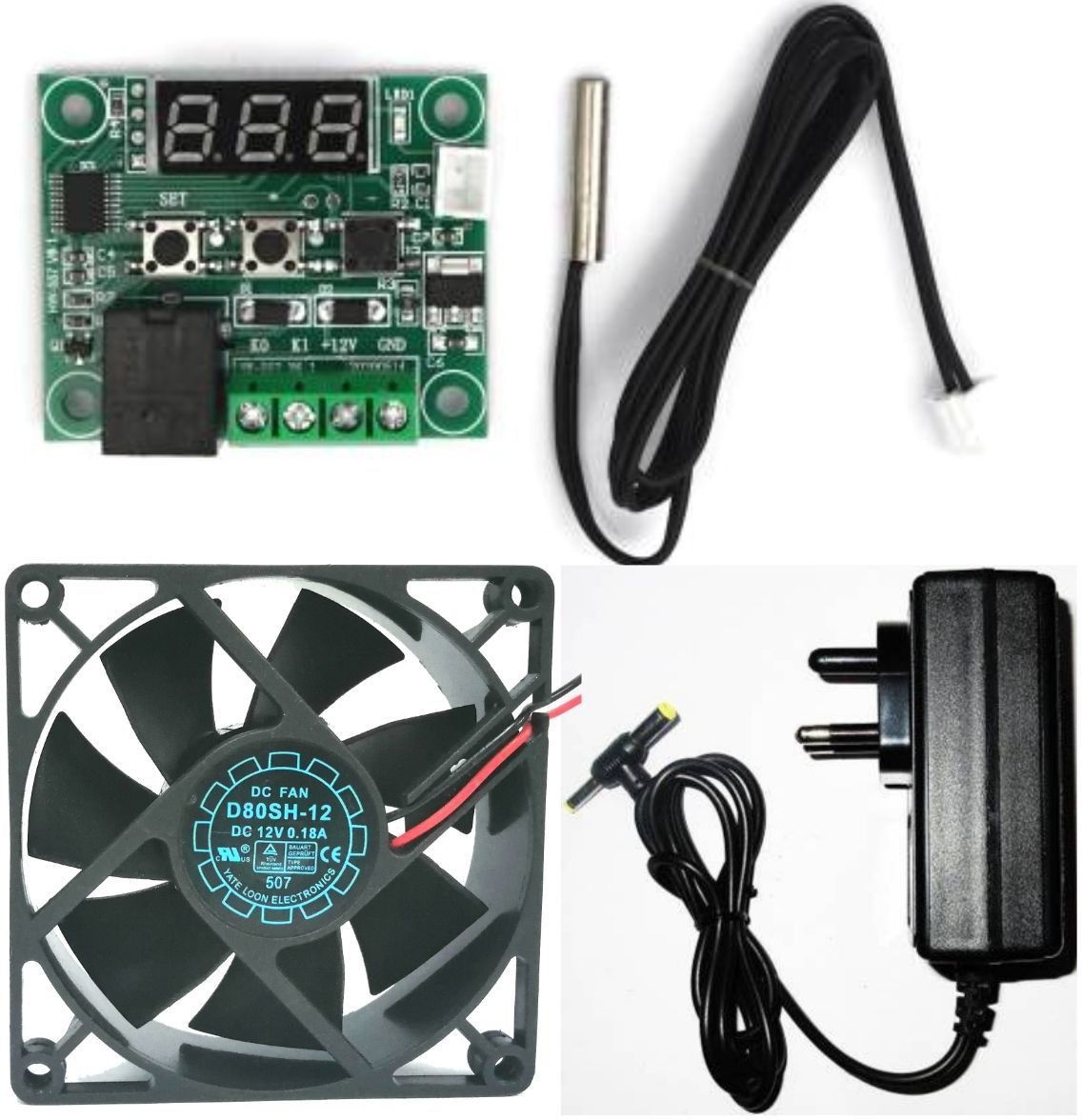 DIY Incubator W1209 12V DC Digital Temp Control Board, charger & 3inch fan Temperature Sensor and Controller Electronic Hobby Kit