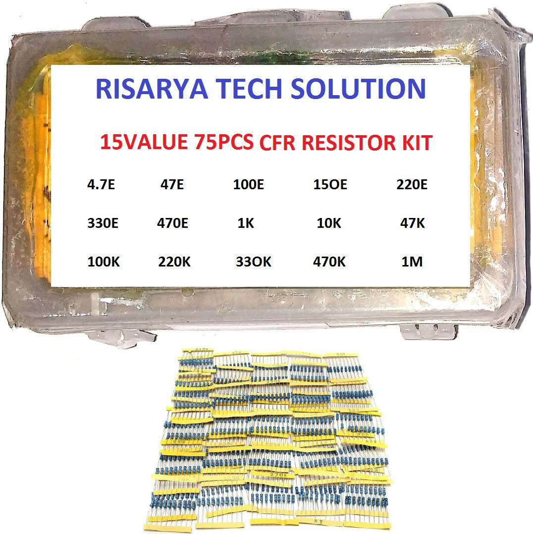 risarya CFR RESISTOR KIT OF 15VALUE(75-PCS) 5PCS EACH 5% 1/4 W 4.7E,47E,100E,150E,220E,330E,470E,1K,10K,47K,100K,220K,330K,470K,1M Fixed Resistor image 1