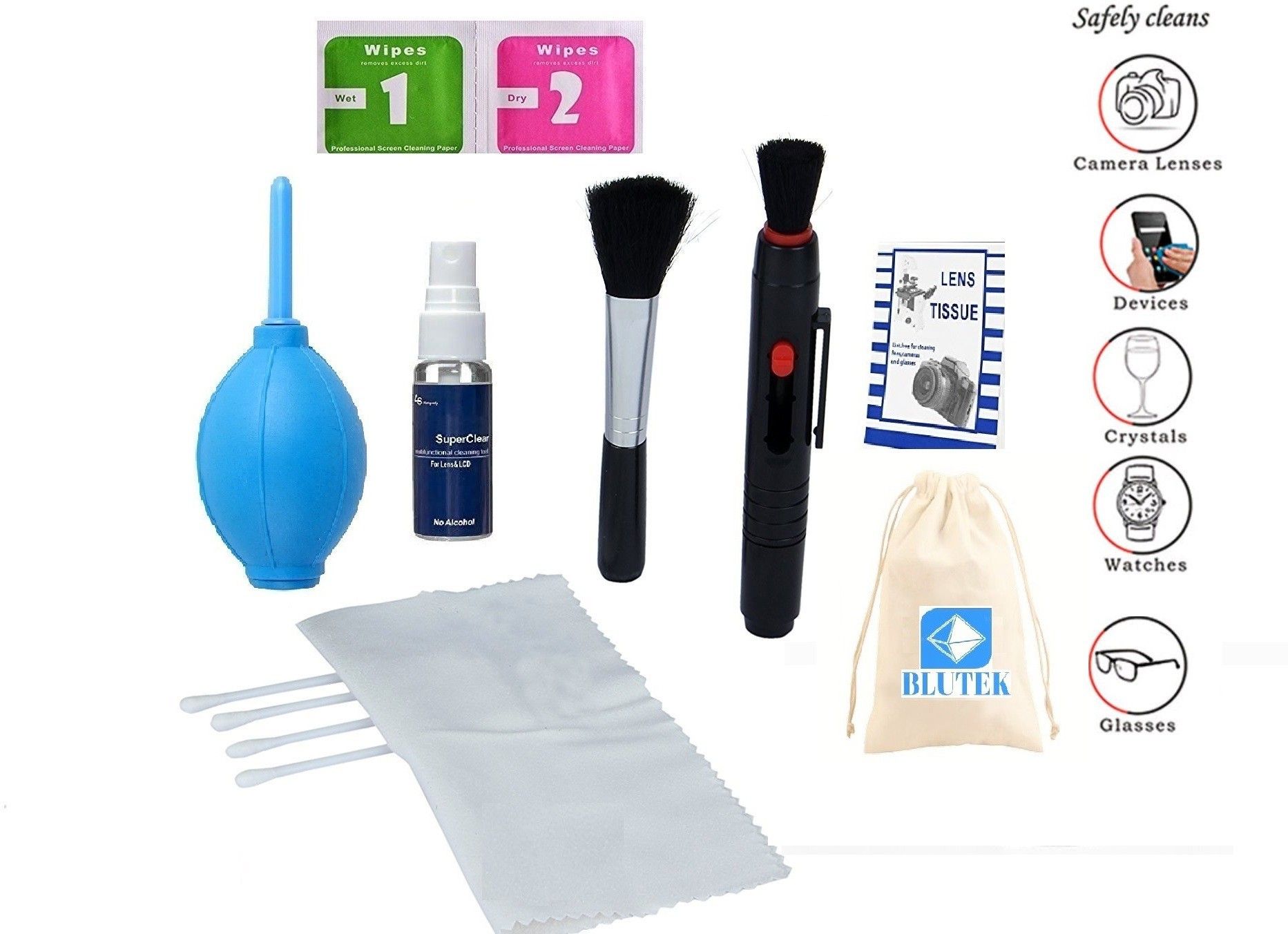 blutek Professional 9 IN 1 Multi-Purpose Cleaning Kit for Cameras, Lenses, Binoculars, LCD, Laptops, Desktops, Keyboards, etc, Includes Cloth, Brush, Liquid Solution, Powerful Dust Blower, Cotton Swabs, Magic Lenspen ,Cleaning Tissue Lens Cleaner,Wet wipes,Dry wipes (20 ml, 4x4 inch, Cotton Pouch Pack of 10) Lens Cleaner-image-28